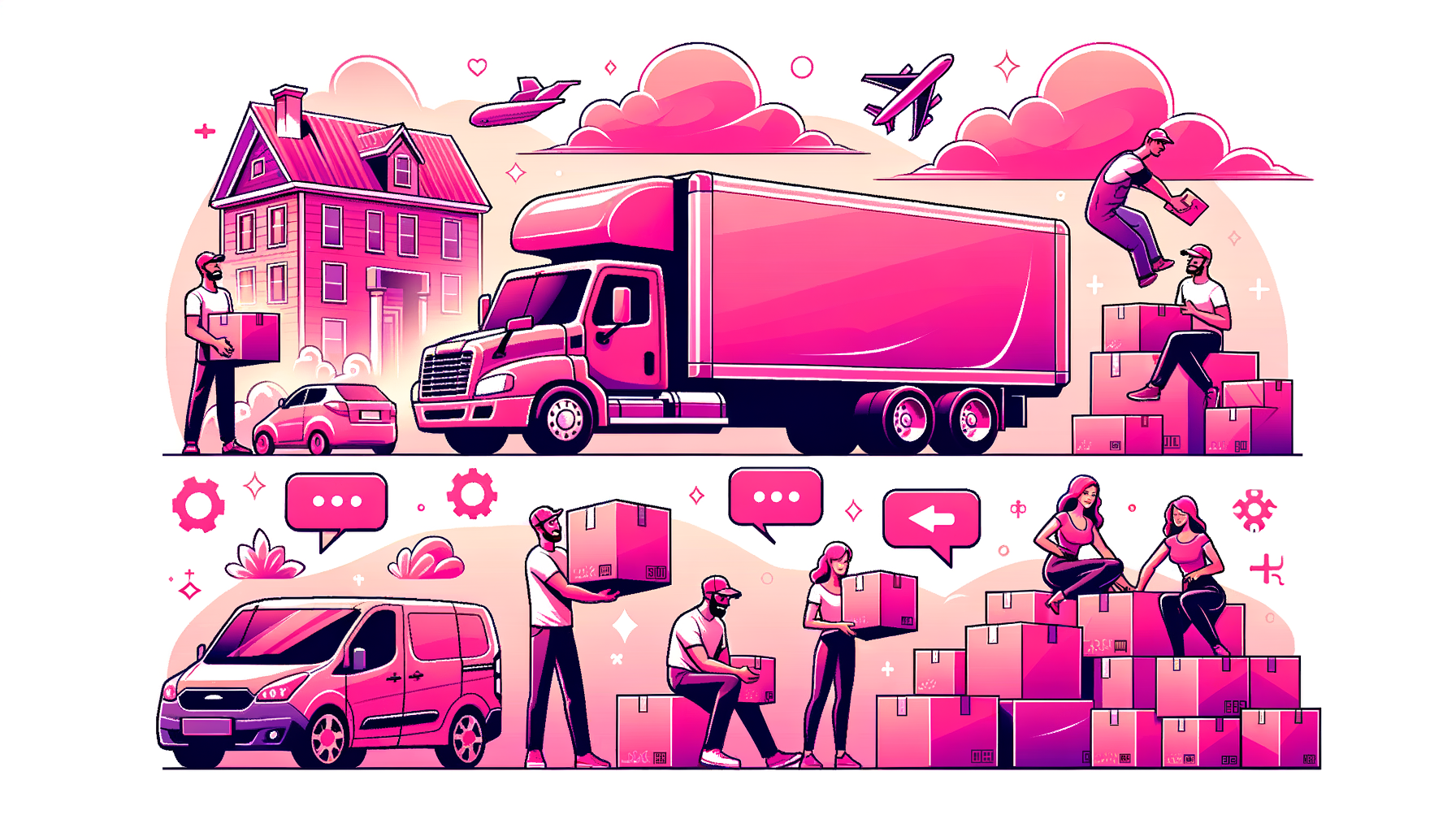 Cartoon-like fuschia image depicting a happy family and Allied Van Lines movers loading boxes into a moving truck, symbolizing tips for a smooth move in 2024.