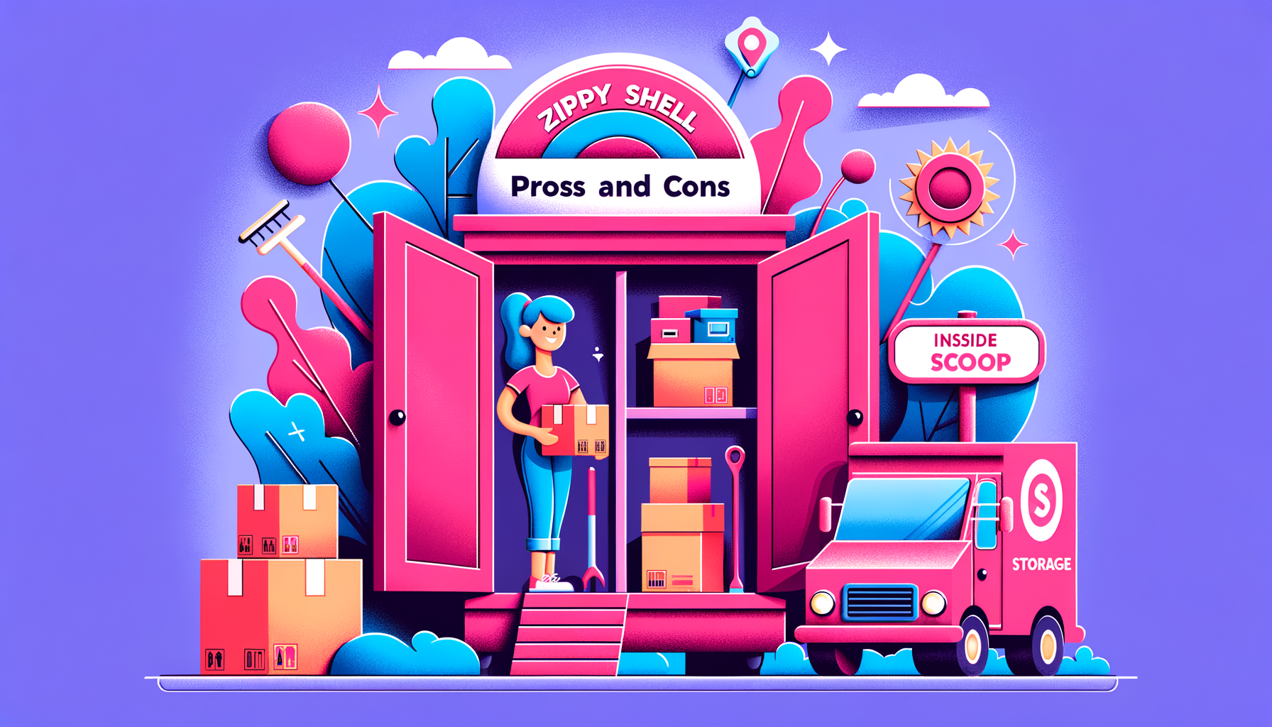 Cartoon illustration in fuschia tones showcasing pros and cons of Zippy Shell for storage, featuring happy and puzzled characters with storage containers.