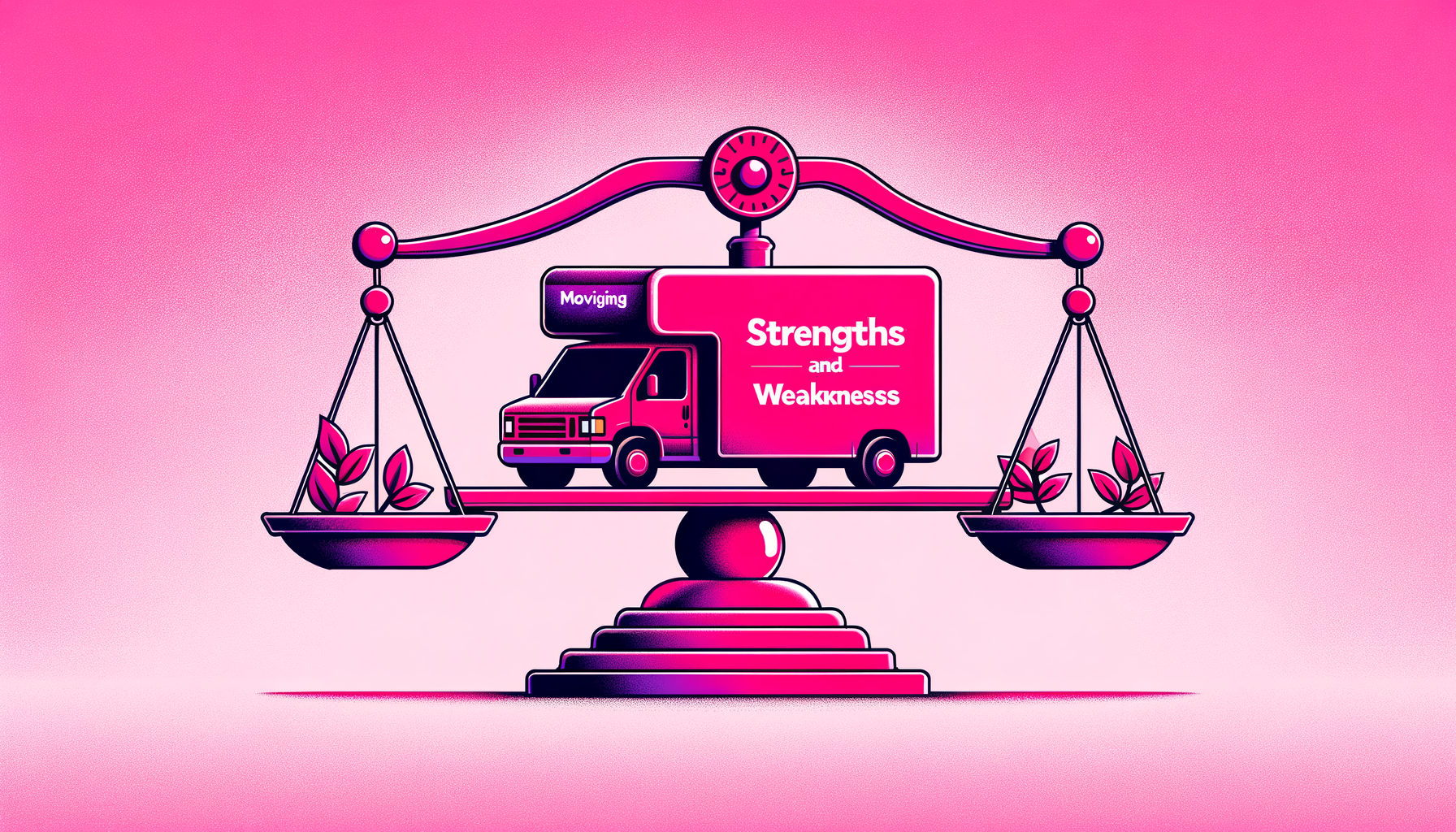 Cartoon illustration of a fuschia Bekins van balancing weights labeled 'Strengths' and 'Weaknesses' on either side, emphasizing Bekins Van Lines' features for a 2024 review.