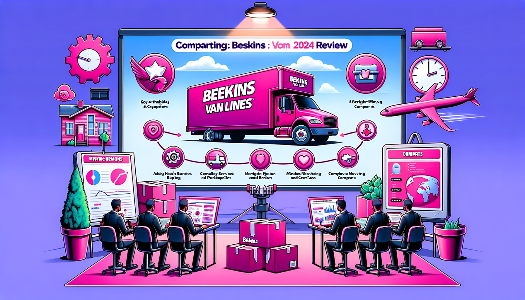 Cartoon illustration comparing Bekins Van Lines and competitors in fuschia tones, highlighting key features and services for a 2024 moving company review.