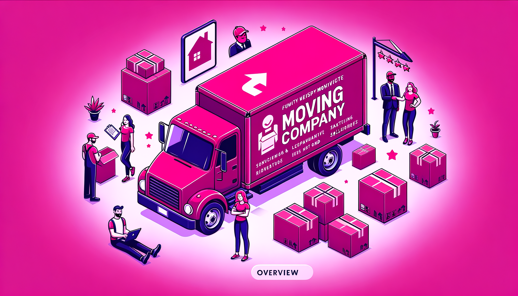 Cartoon illustration of a bright fuschia moving truck with "JK Moving Services" logo, surrounded by packed boxes and happy customers, symbolizing a comprehensive moving solution.