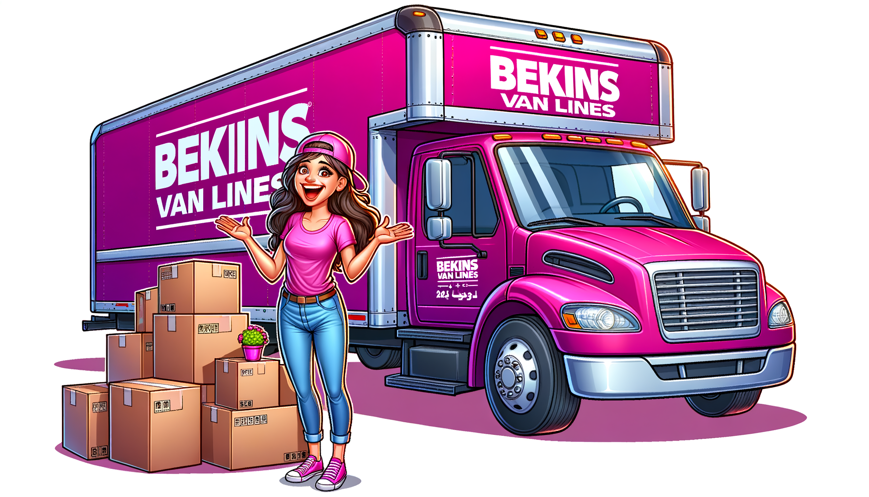 Cartoon illustration of a fuchsia Bekins moving van with a happy customer and boxes, symbolizing a comprehensive 2024 review by MovingExperts.