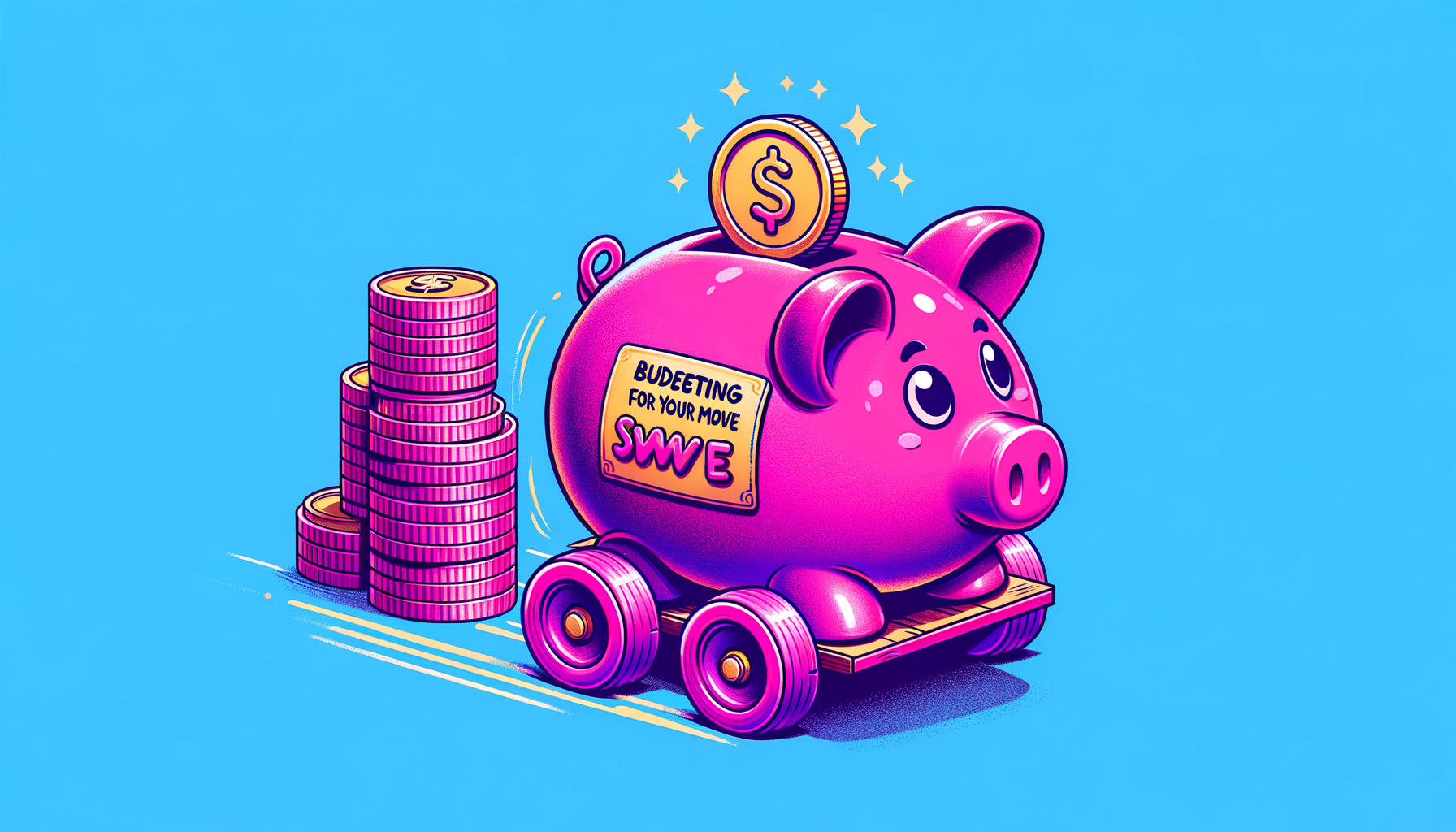 Cartoon-style illustration featuring a vibrant fuschia piggy bank with wheels moving towards a stack of coins, symbolizing budget-friendly moving tips for an effortless relocation.