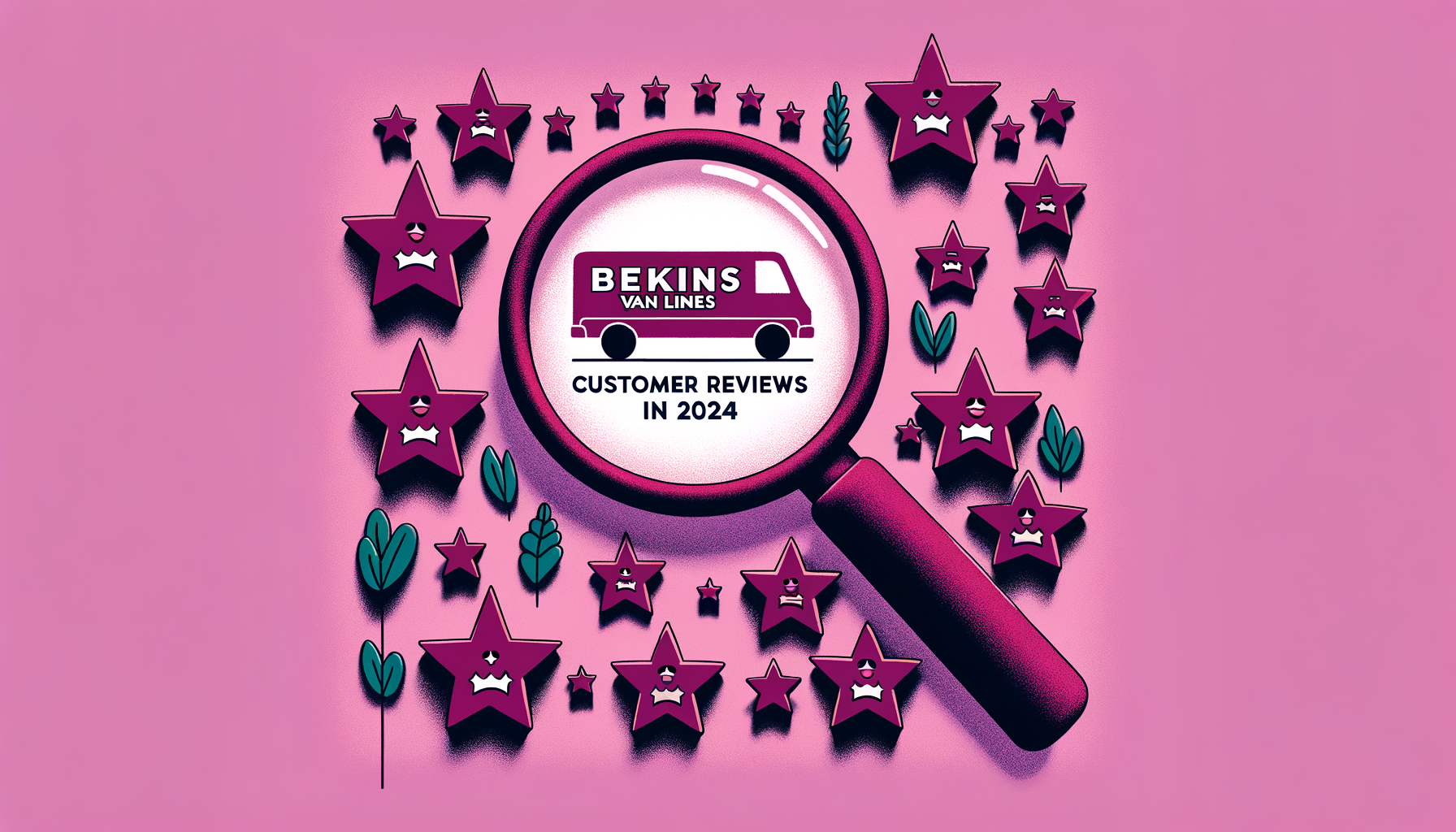 Cartoon illustration of a fuchsia-colored magnifying glass over various customer review stars for Bekins Van Lines, indicating an analysis for the year 2024.