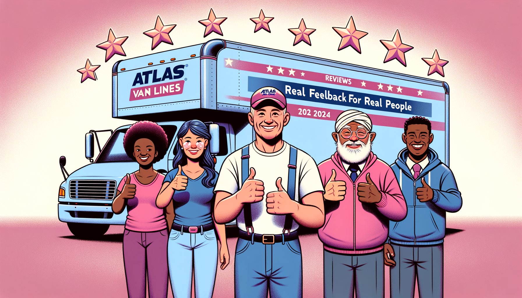 Fuschia cartoon image showcasing diverse people giving thumbs up and stars around an Atlas Van Lines moving truck, emphasizing positive reviews for 2024.