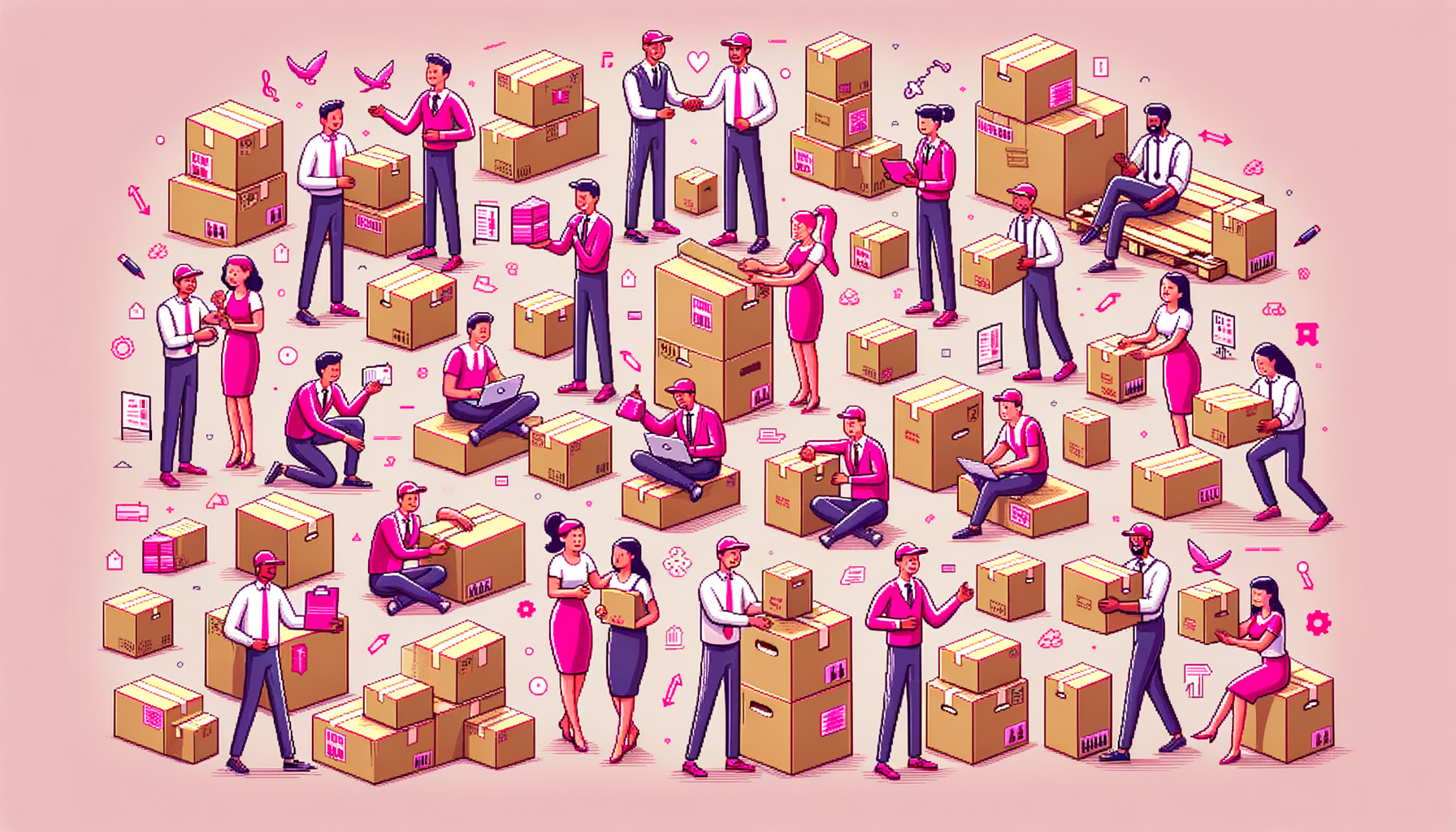 Fuchsia-colored illustrated scene depicting brokers organizing a moving process, with happy cartoon characters and moving boxes, symbolizing the role of brokers in making moving seamless.