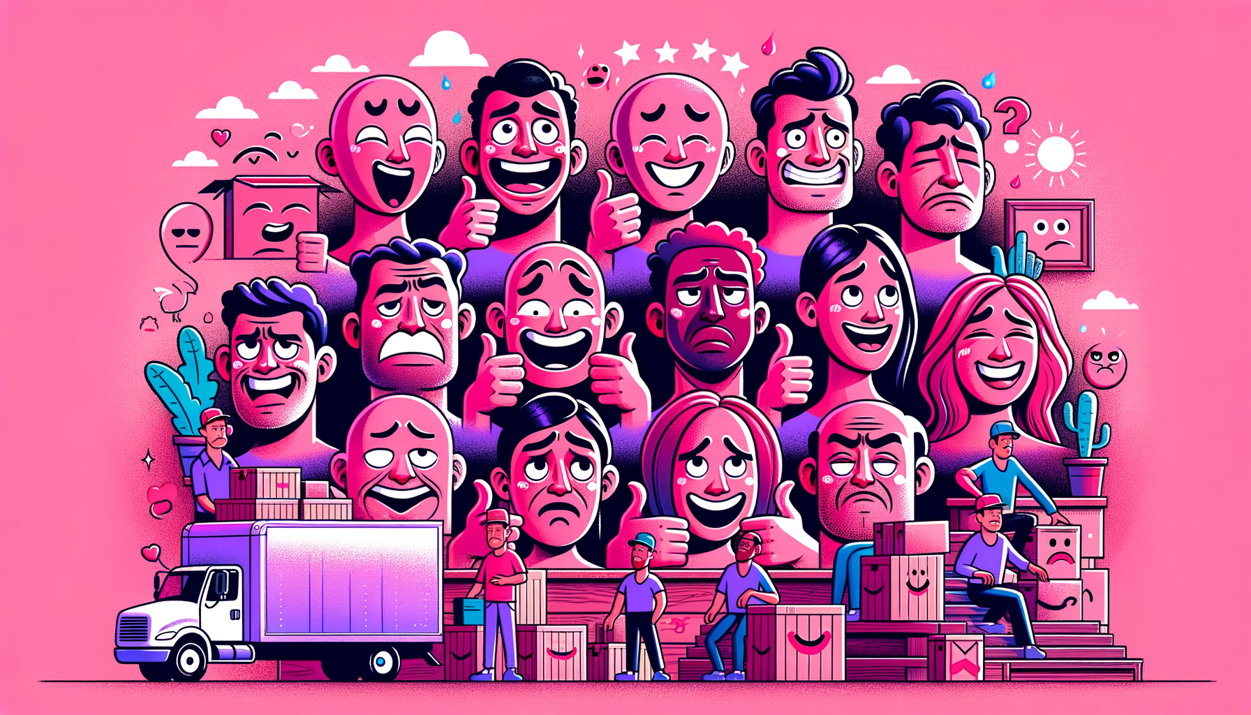 Cartoon illustration featuring a range of customer experiences in fuschia tones, showing smiling, frowning, and puzzled faces with moving boxes and a moving truck in the background, highlighting the spectrum of feedback for moving services.
