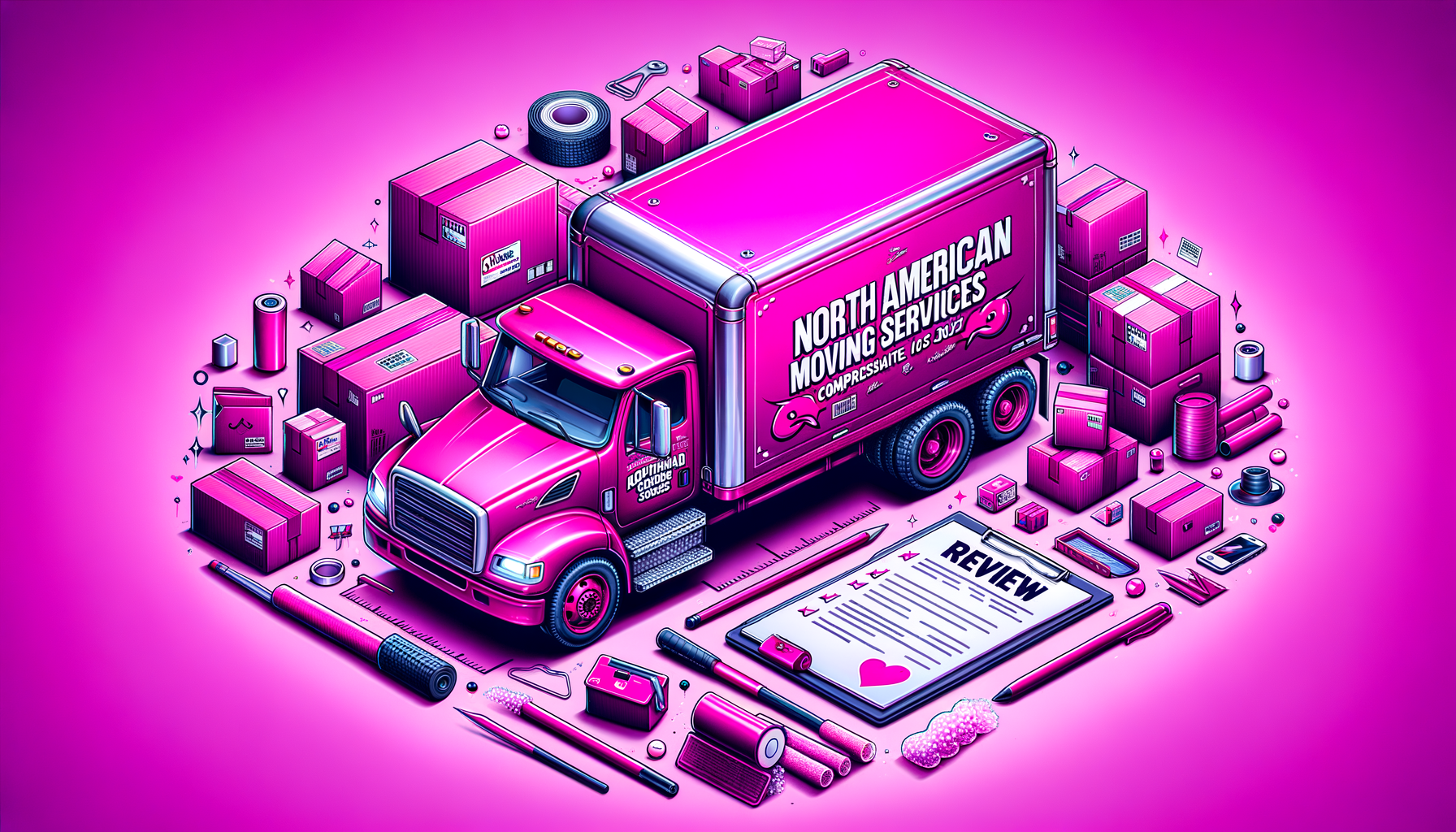 Fuchsia cartoon moving truck with "North American Moving Services 2024" logo, illustrating a comprehensive review scene.