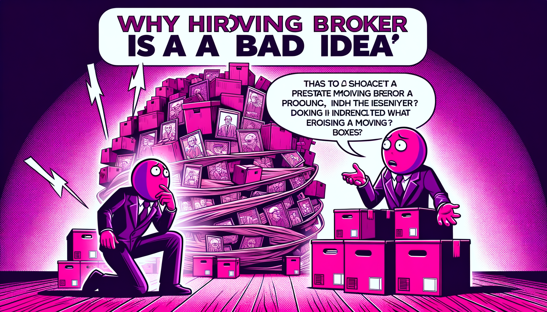 Cartoon illustration in fuschia tones depicting a confused customer surrounded by puzzling moving boxes, symbolizing the pitfalls of hiring a moving broker, emphasizing caution and research.