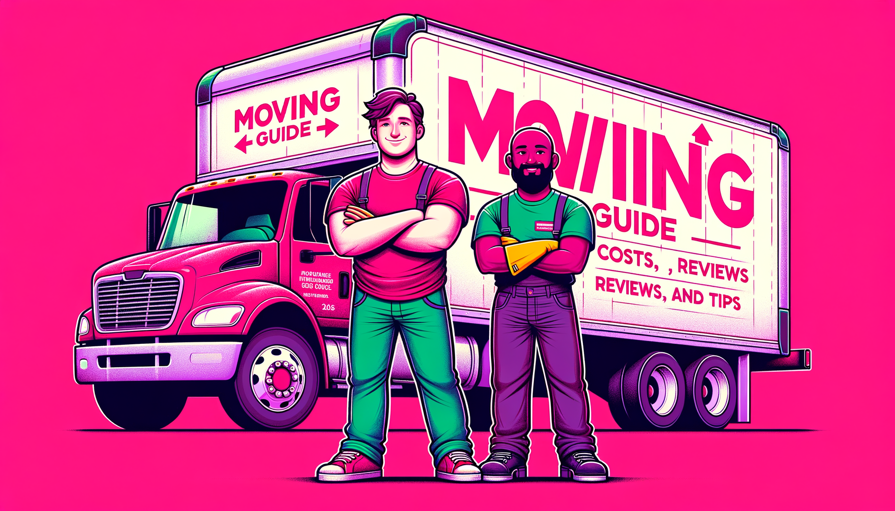 Cartoon illustration in fuschia tones featuring two men beside a moving truck, representing a guide on moving costs, reviews, and tips.