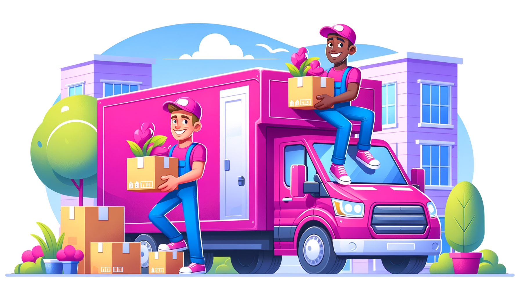 Cartoon illustration of a fuschia-colored moving truck with two smiling movers preparing boxes for a move, demonstrating efficient packing techniques for a hassle-free relocation.
