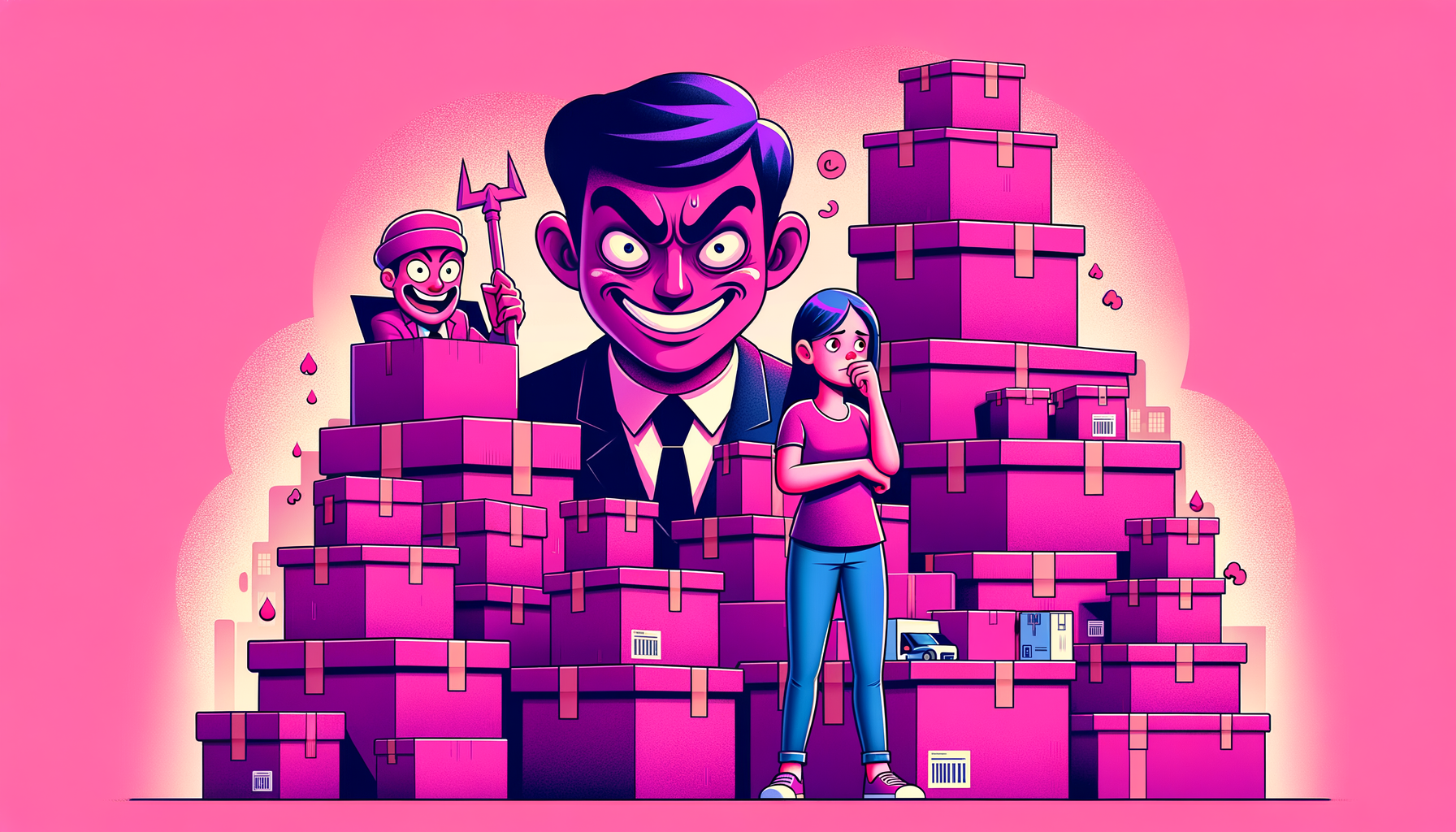 Fuschia cartoon illustration showing a troubled character overwhelmed with boxes and a deceptive moving broker, highlighting the dangers of choosing a moving broker.