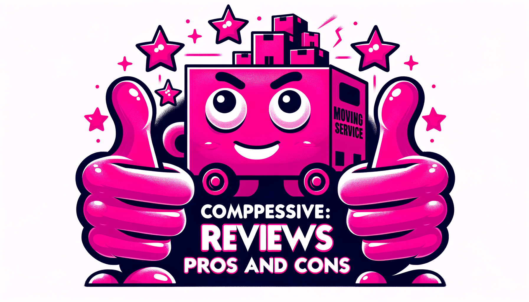 Fuschia cartoon illustration showcasing JK Moving Services with symbols of thumbs up and thumbs down, indicating a review of their pros and cons.