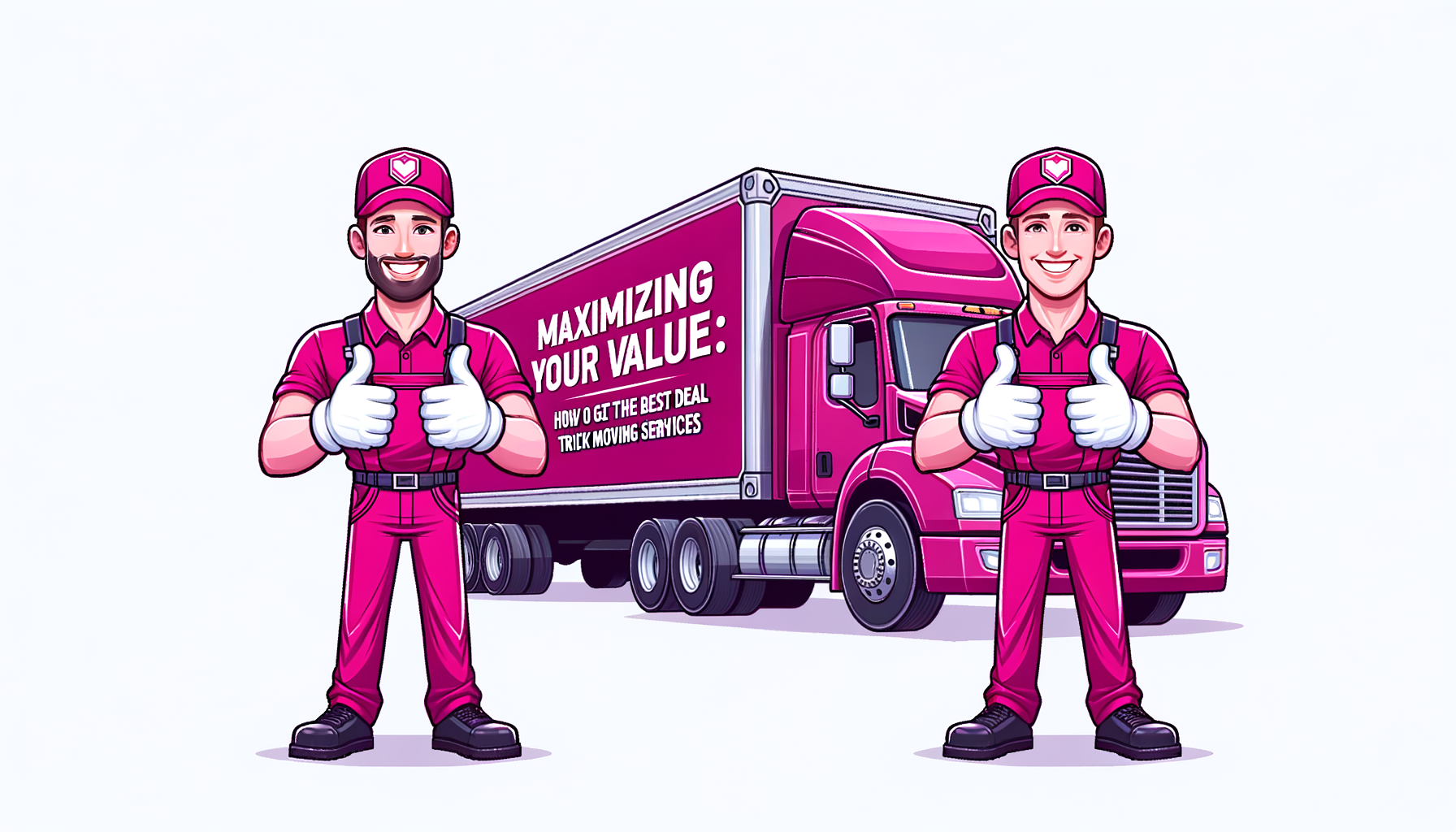 Cartoon illustration of two men in fuschia uniforms, smiling and giving a thumbs up in front of a moving truck, symbolizing maximizing value and getting the best deal with Two Men and a Truck.