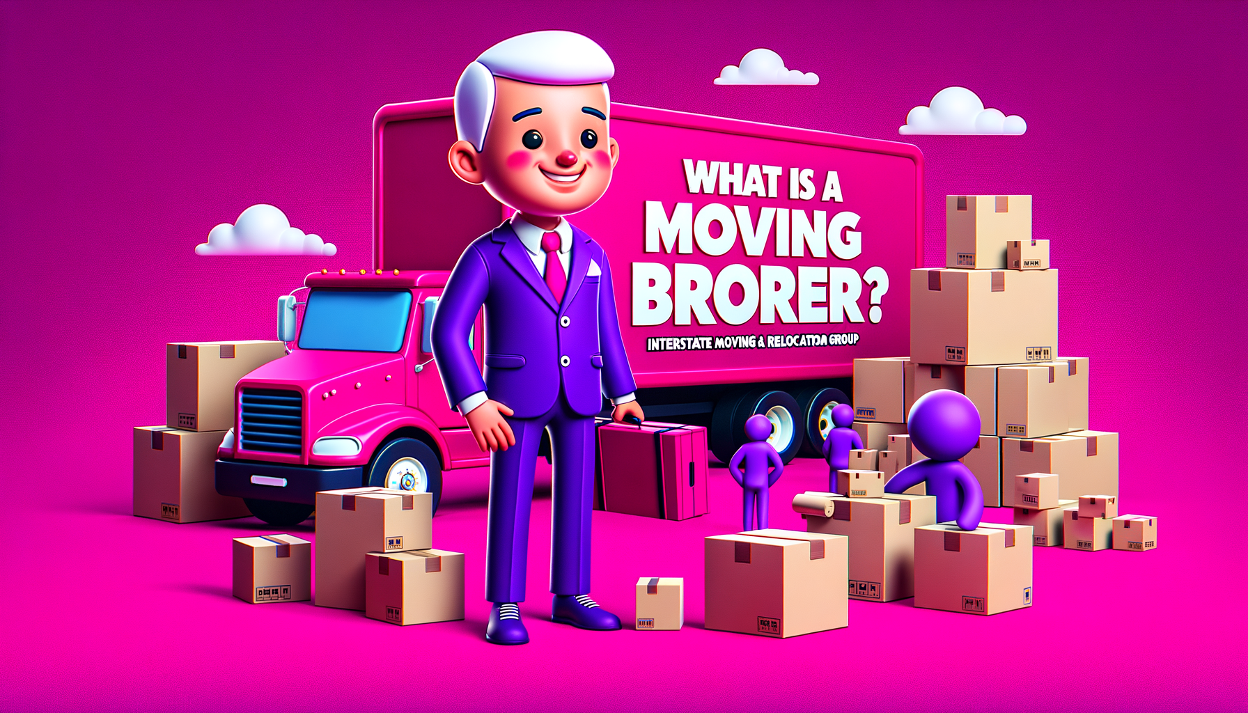 A vibrant, cartoon-like, fuschia-colored image featuring a friendly moving broker character surrounded by various moving boxes and a moving truck, illustrating the concept of a moving broker in a fun and engaging way.