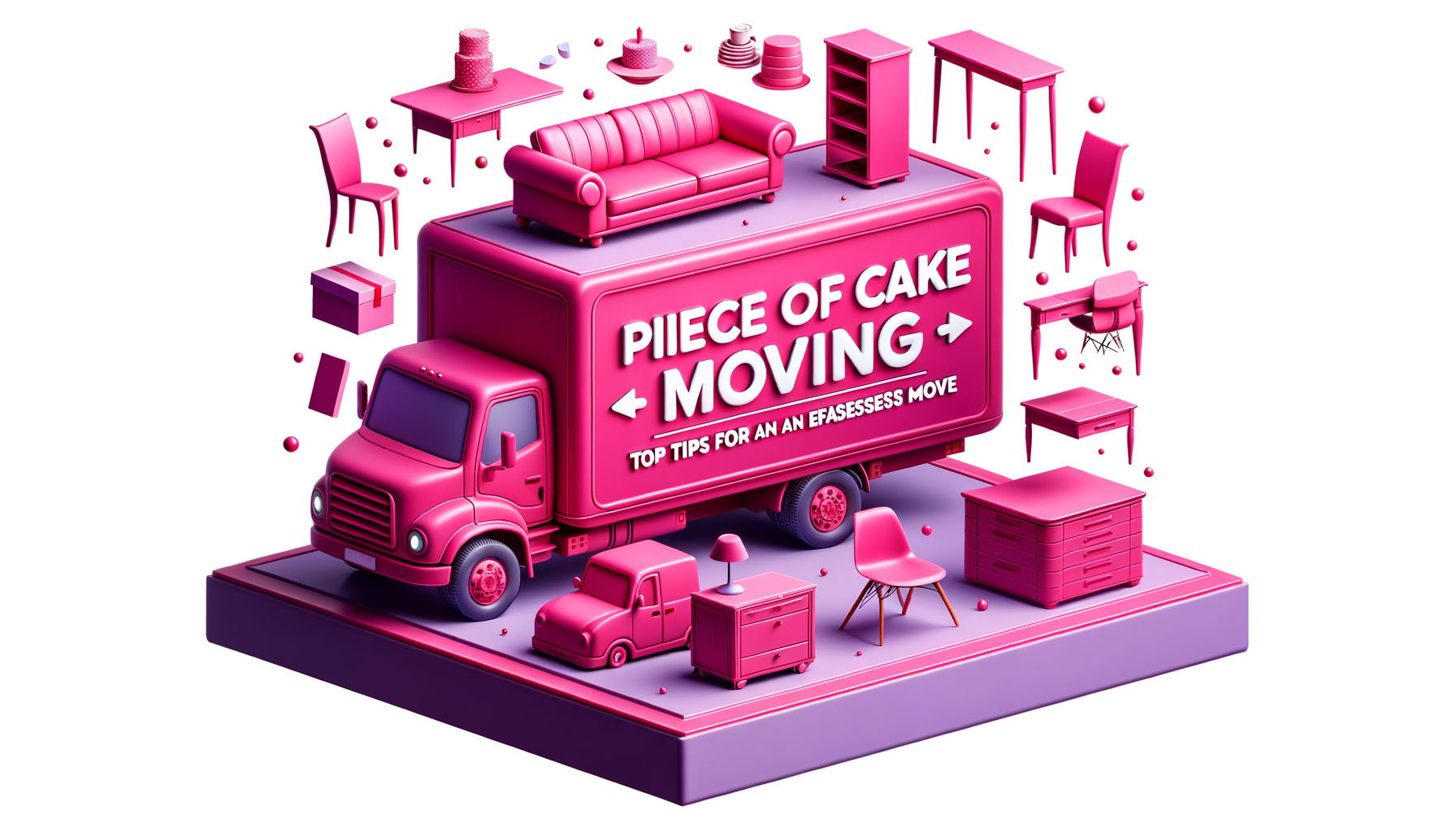 Cartoon illustration of a fuchsia-colored moving truck with furniture pieces floating effortlessly around it, symbolizing top tips for an easy move.