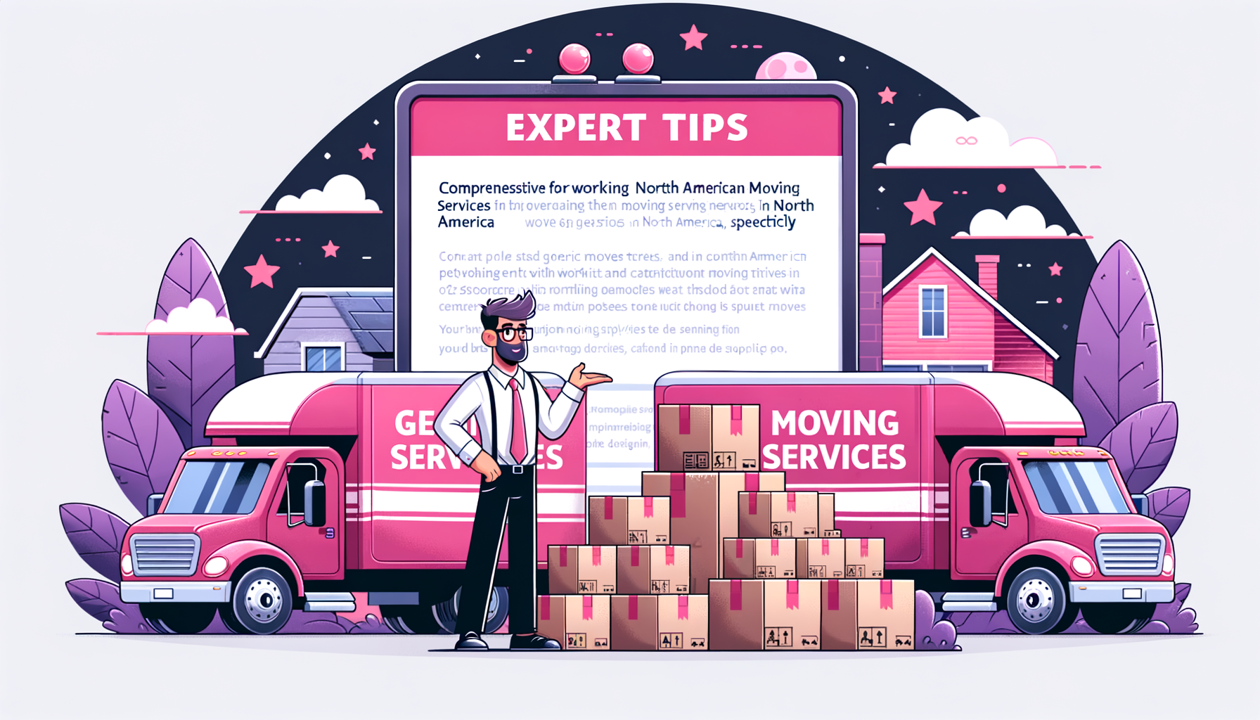 Fuschia-colored cartoon depicting an expert giving tips on working with North American Moving Services, with moving trucks and packed boxes illustrated in a fun and engaging style.