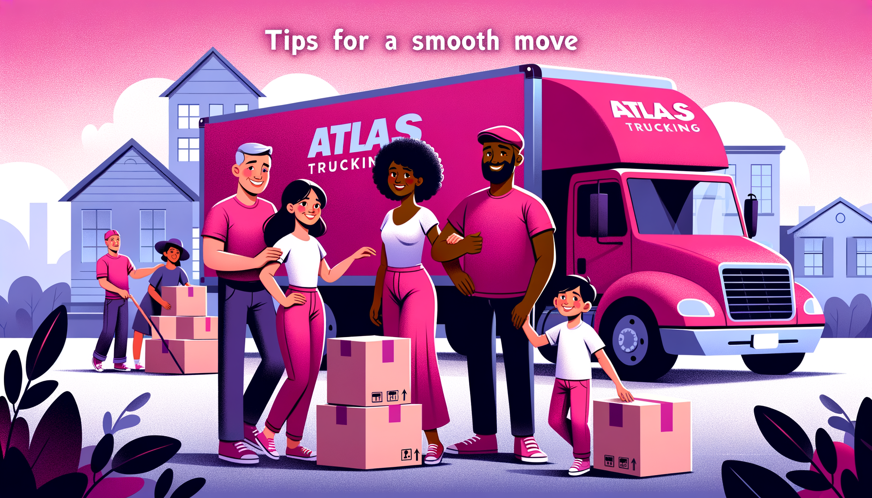 Cartoon illustration in fuschia of a happy family and movers with a truck labeled Atlas Van Lines, showcasing tips for a smooth move, including boxes and furniture arranged efficiently.
