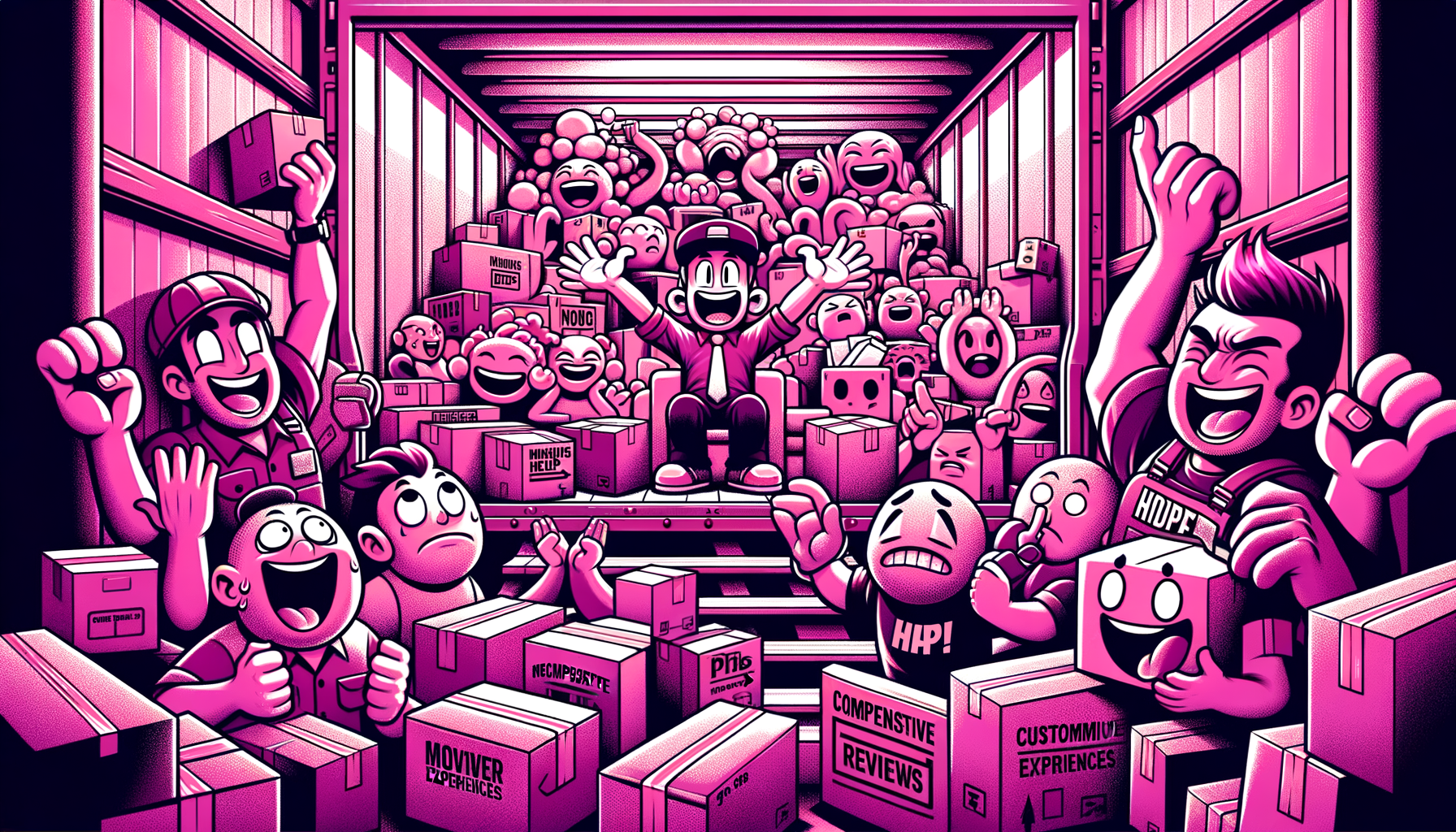 Cartoon-like illustration in fuschia tones featuring happy and puzzled characters within a moving truck and boxes, symbolizing diverse customer experiences with JK Moving Services.
