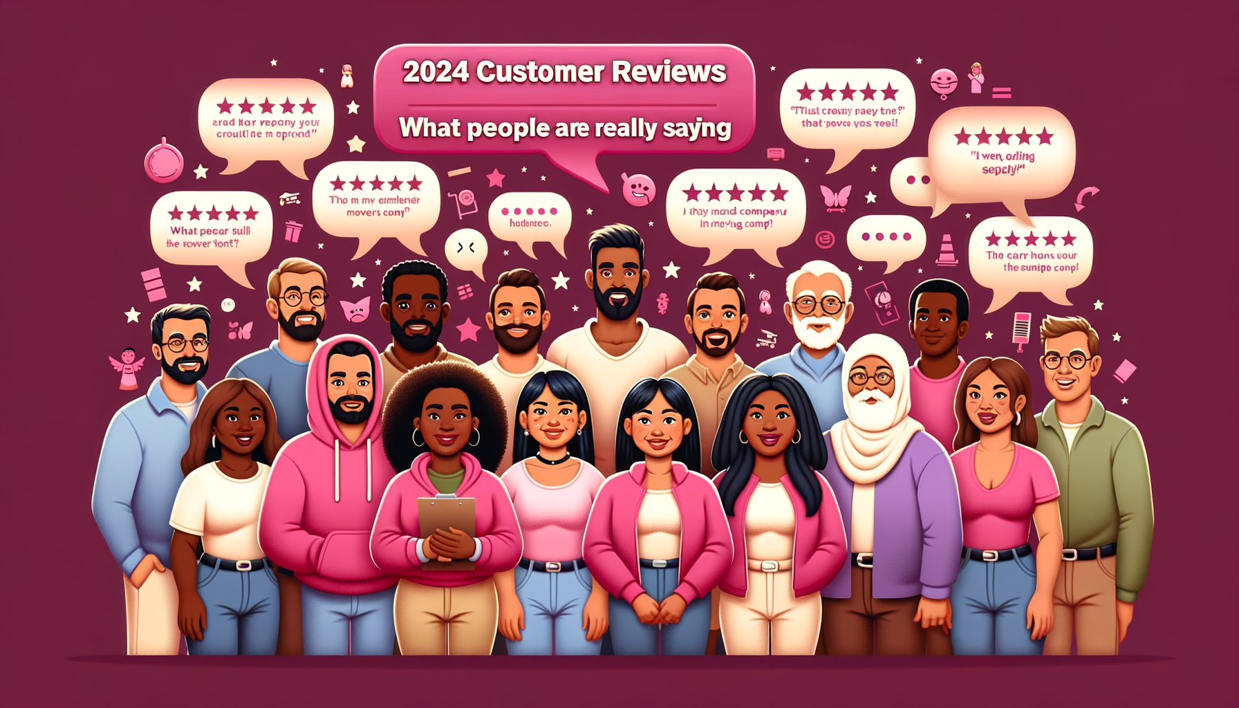 Cartoon-like fuschia image representing customer reviews in 2024 for Atlas Van Lines, featuring diverse animated characters sharing their real moving experiences with speech bubbles.