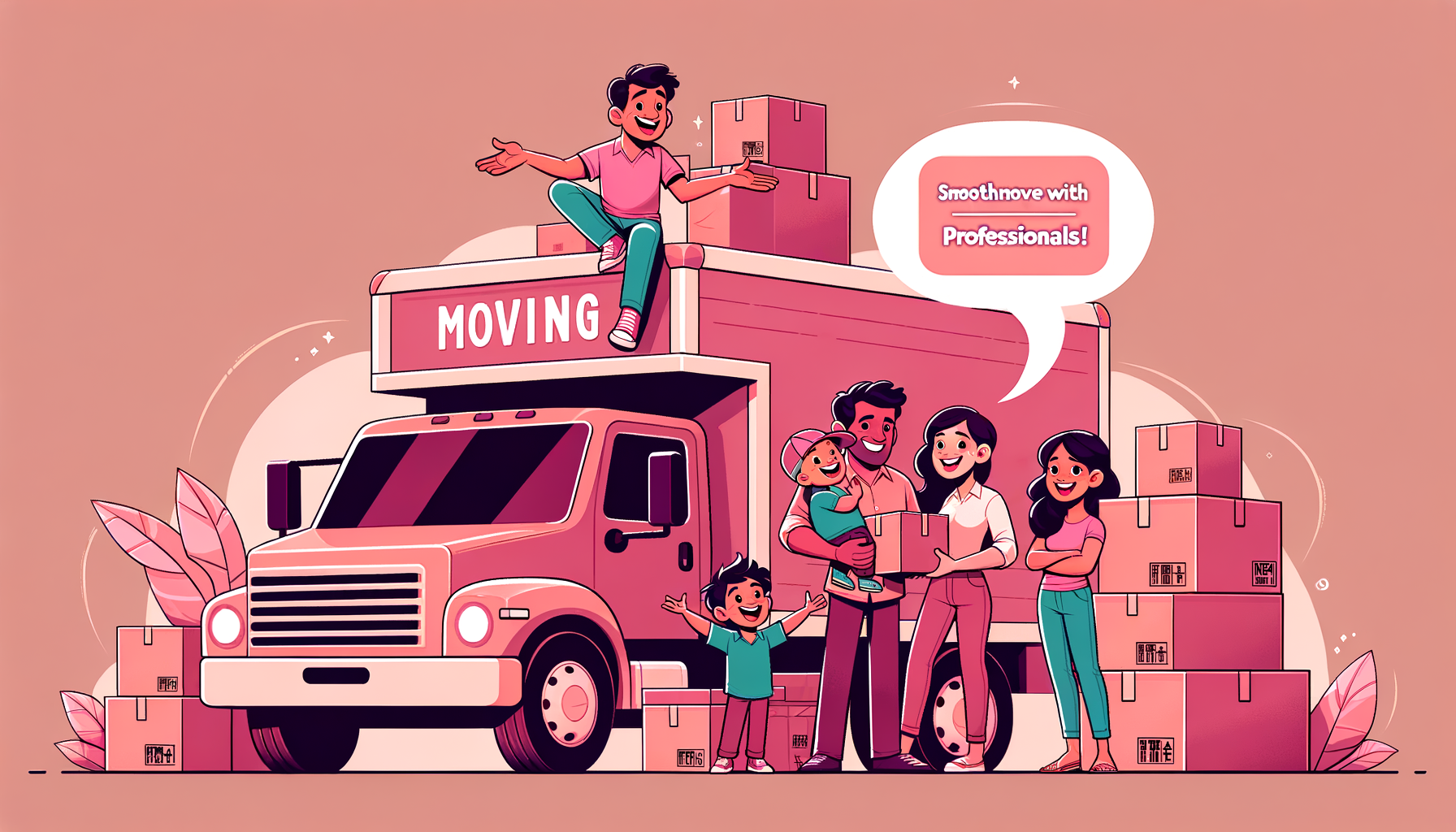 Cartoon illustration in fuschia tones showcasing a smiling moving truck, boxes, and a happy family.