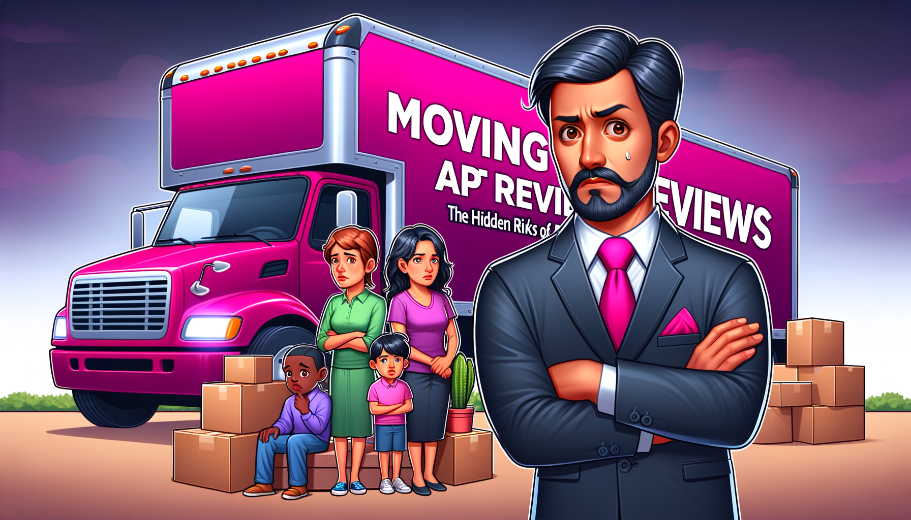 Cartoon illustration of a fuchsia colored moving truck with a concerned family and broker, highlighting the hidden risks of choosing a moving broker.