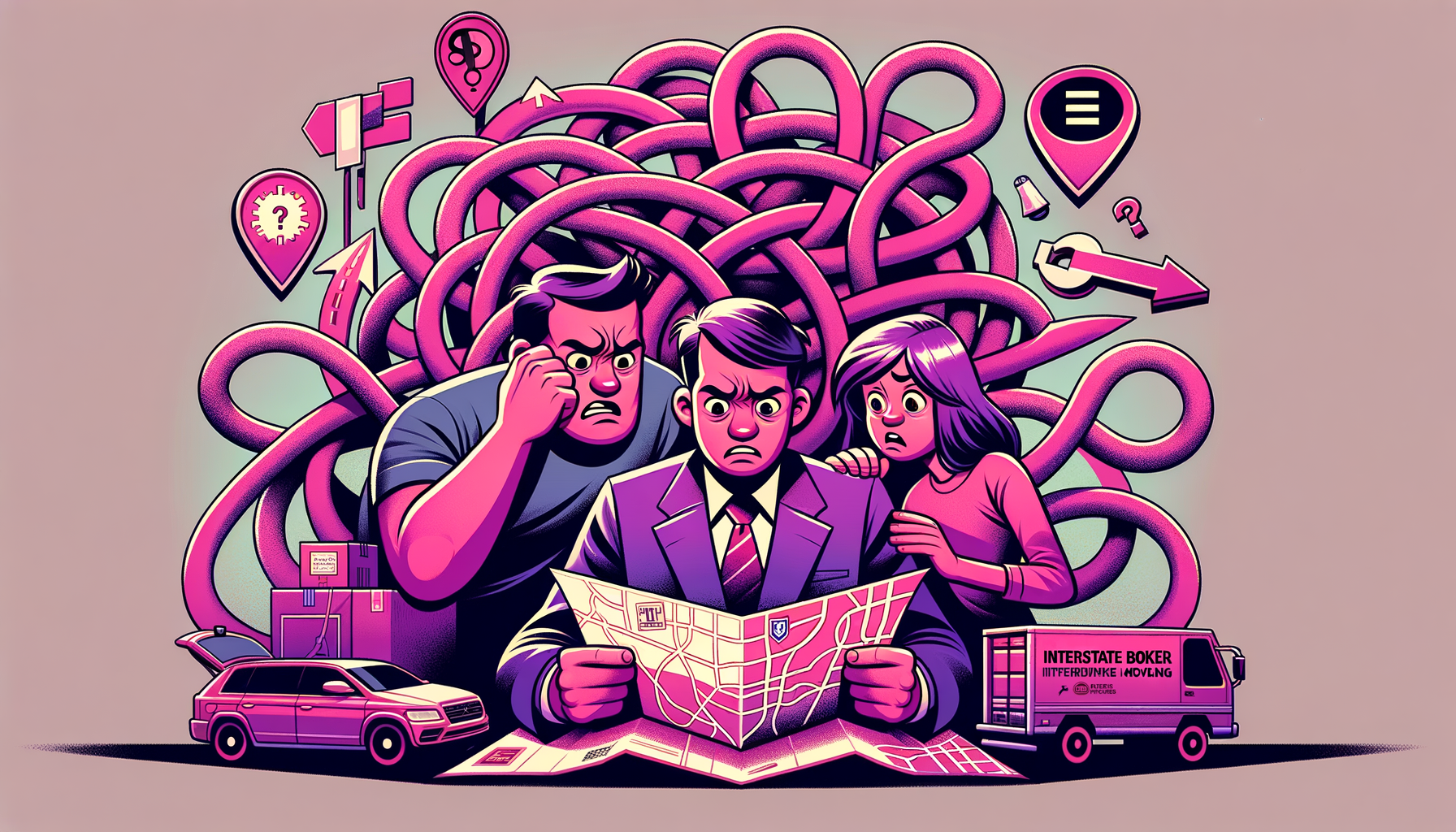 Cartoon-like illustration in fuschia of a troubled family looking at a complex map filled with roadblocks and hidden fees symbols, representing the challenges of working with interstate moving brokers.