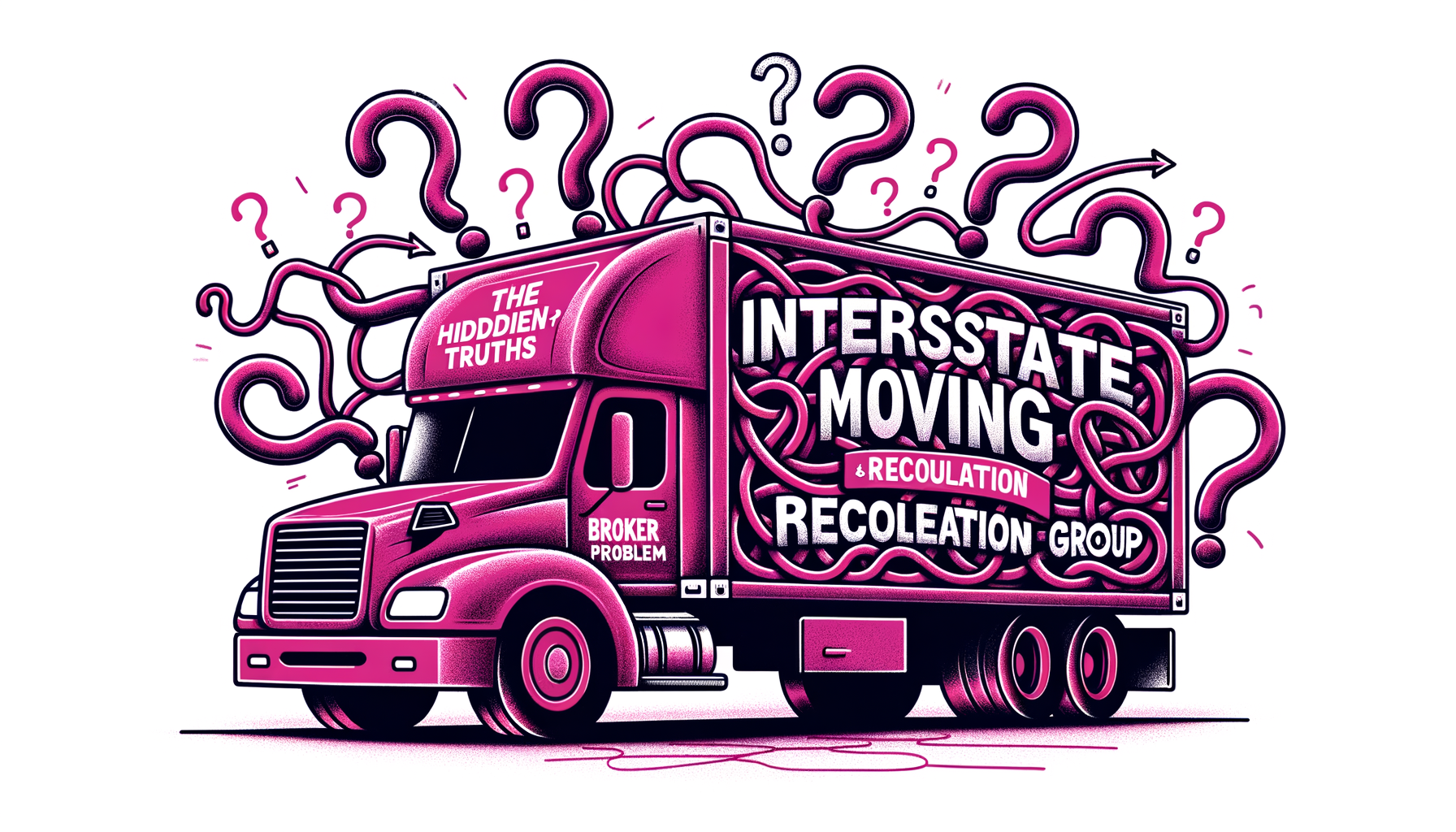 Cartoon illustration of a fuschia moving truck with tangled route lines and question marks, symbolizing the complexities and undisclosed realities of using brokers in the interstate moving and relocation industry.