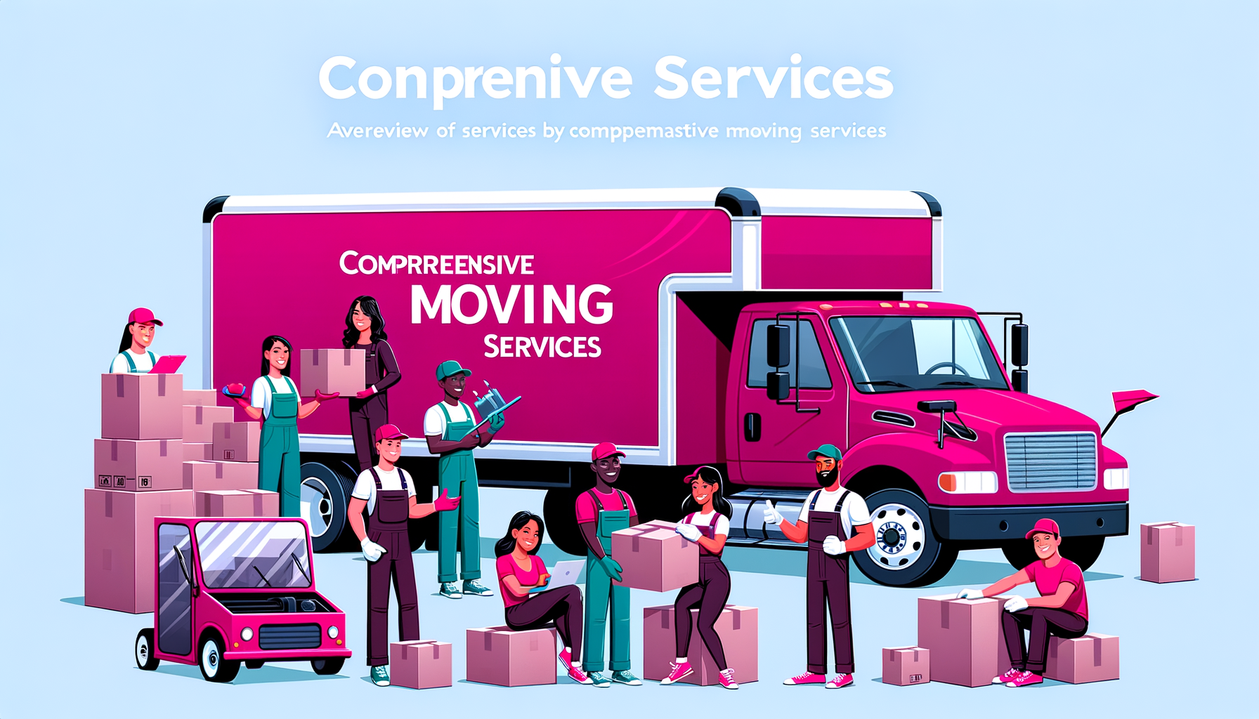 Cartoon-like illustration of fuschia-colored moving truck and movers showcasing the variety of services offered by North American Moving Services, including packing, loading, and transportation.