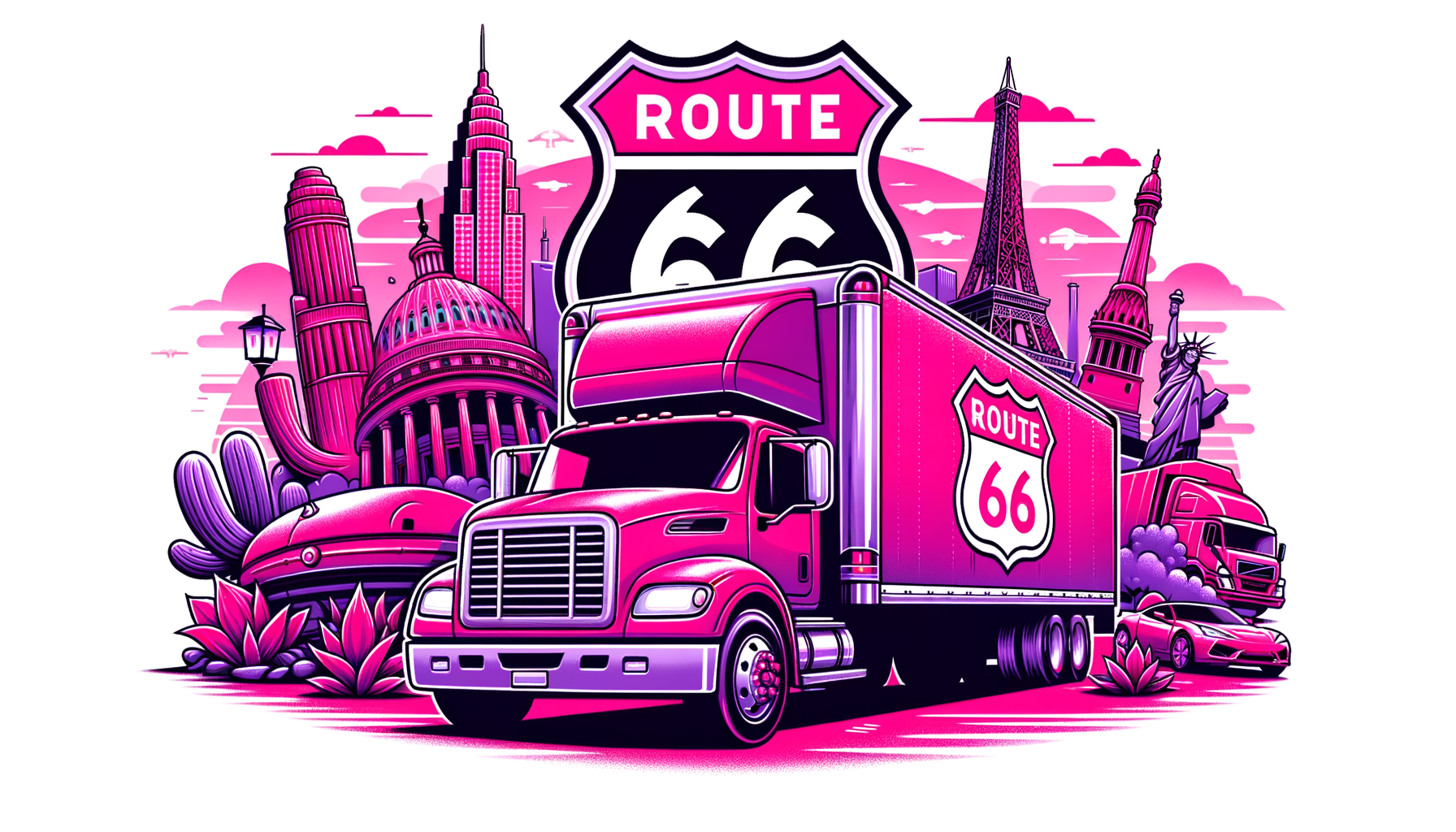 Cartoon illustration highlighting Route 66 Relocation Services, featuring a fuschia moving truck with the iconic Route 66 sign, set against a background of landmarks symbolizing a cross-country move.