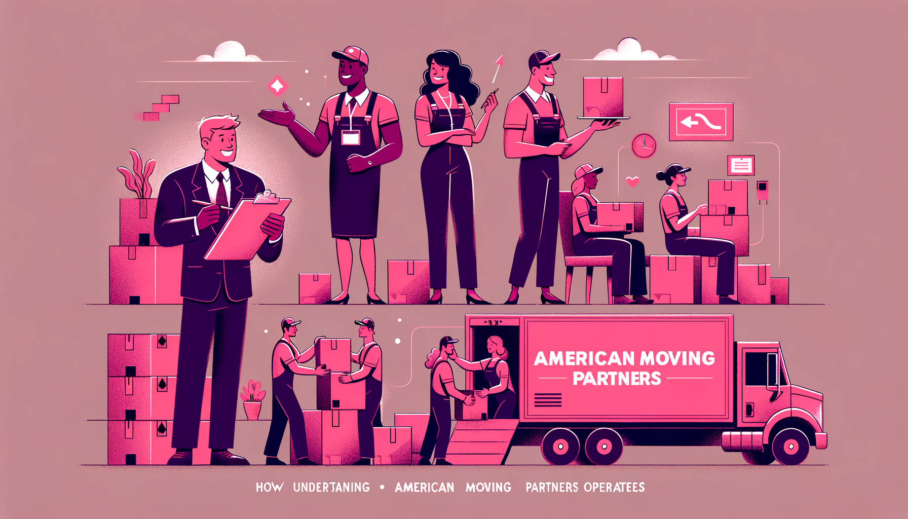 Cartoon illustration in fuschia tones showcasing American Moving Partners' operation method, featuring employees coordinating a move.