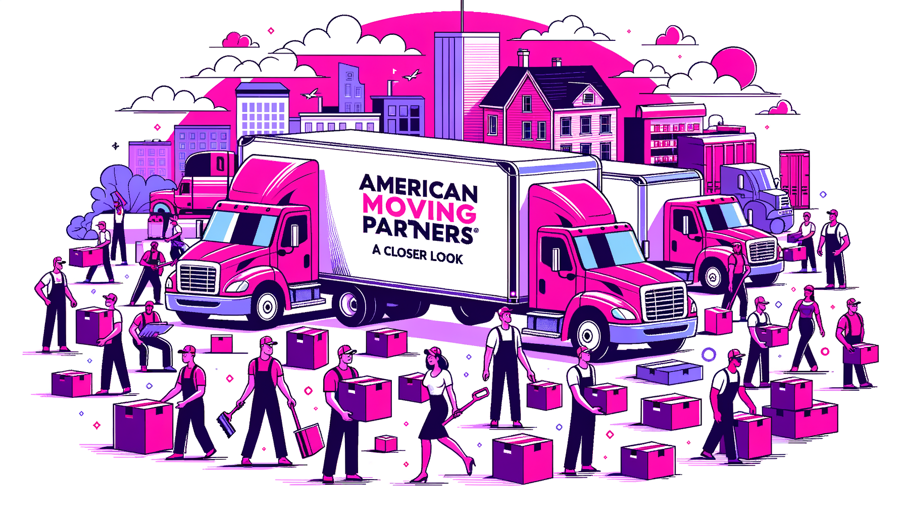 Fuchsia-colored cartoon illustration highlighting the services of American Moving Partners, featuring moving trucks, boxes, and a team of movers for a detailed look into their offerings.