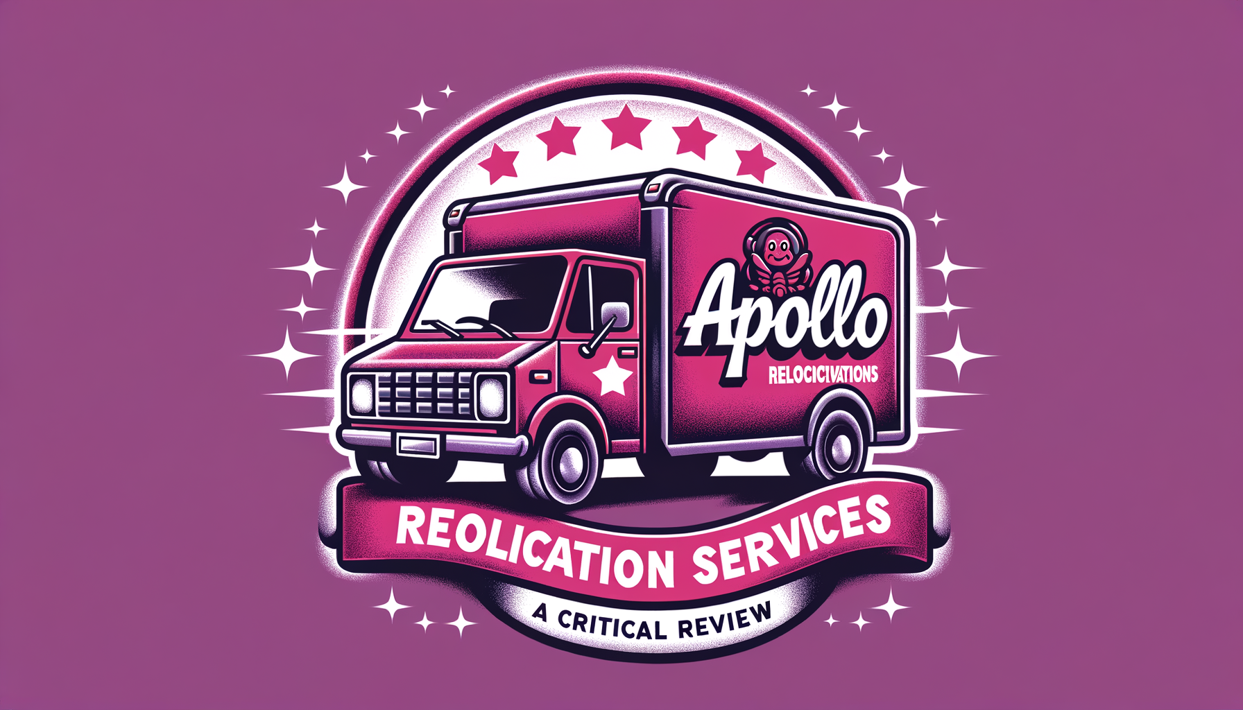 Fuschia colored cartoon illustration of a moving van with "Apollo Relocation Services" logo, emphasizing a critical review theme.