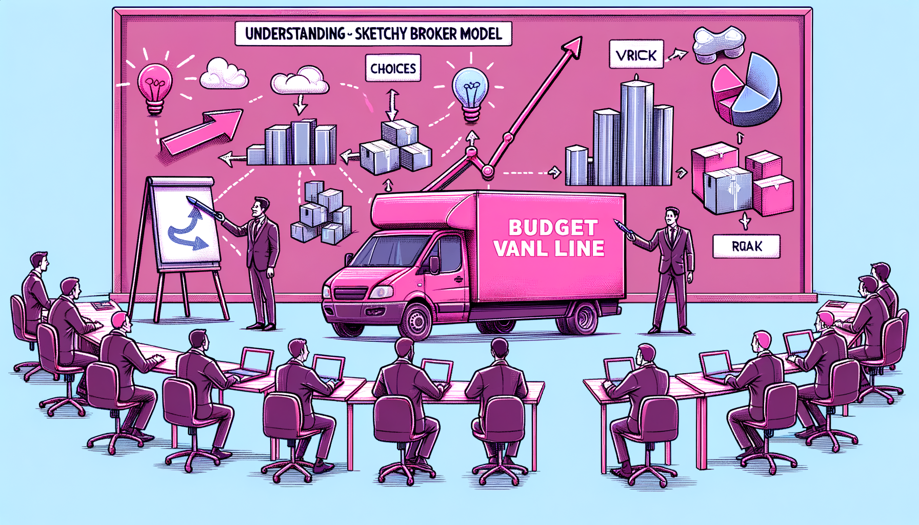 Cartoonish illustration in fuschia tones depicting the operational model of Budget Van Lines for understanding the sketchy broker business.