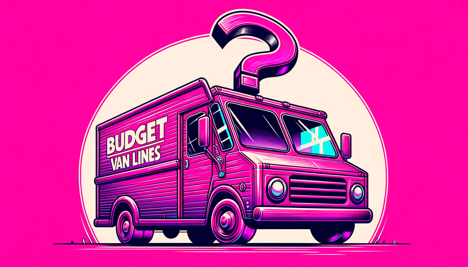 A cartoon-like fuschia colored van with a large question mark above it, symbolizing the consideration of Budget Van Lines' services.