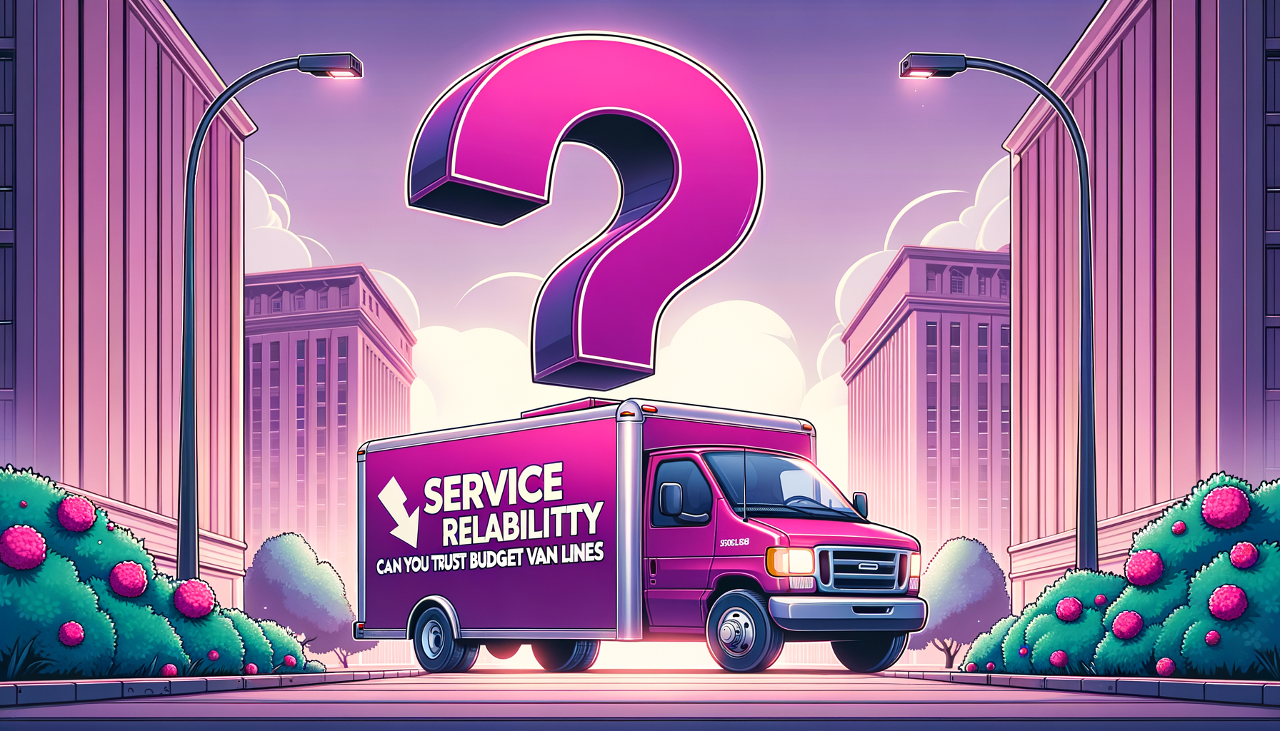 Cartoon image depicting a fuschia colored theme with a question mark above a budget van conveying the concept of service reliability for Budget Van Lines.