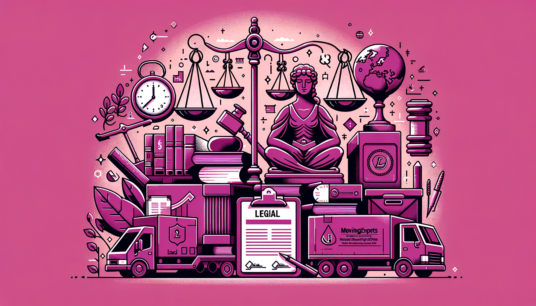 Cartoon illustration highlighting legal and regulatory issues with moving brokers, featuring scales of justice, moving trucks, and contract documents in a fuschia color palette.