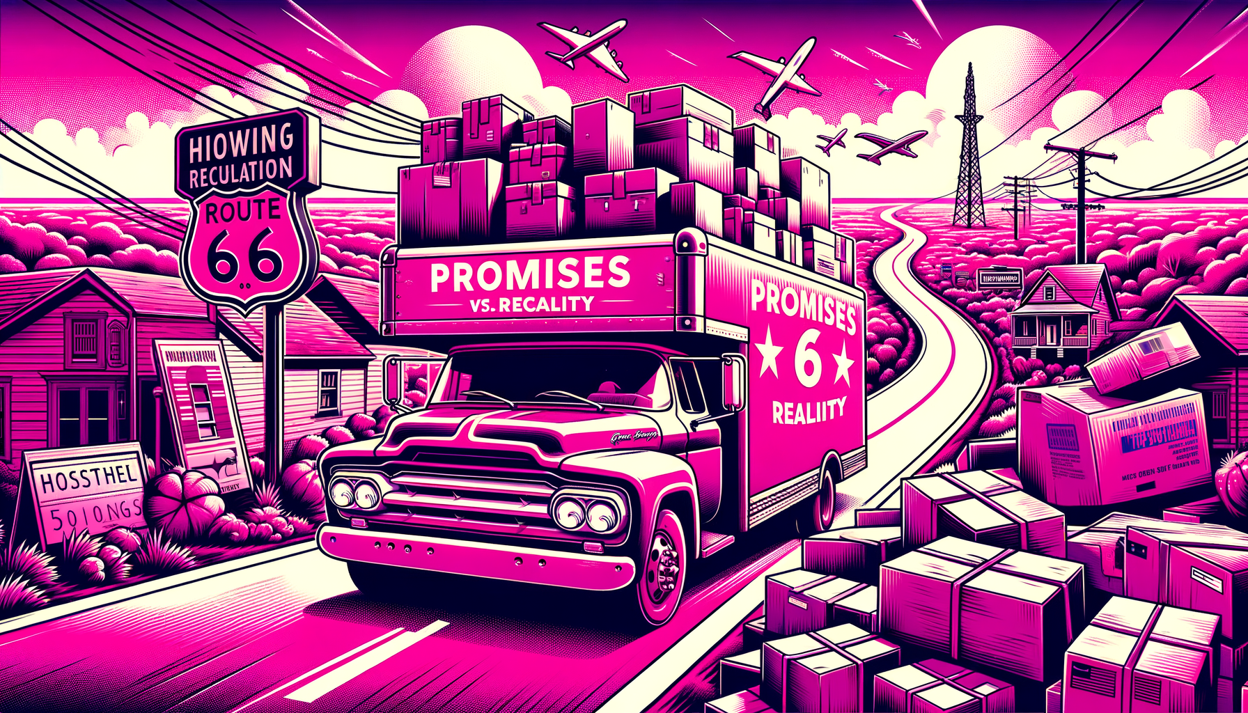 Cartoon illustration in fuschia tones depicting the process of relocating on Route 66, featuring moving trucks, packed belongings, and scenic Route 66 landmarks, visually summarizing the relocation experience.