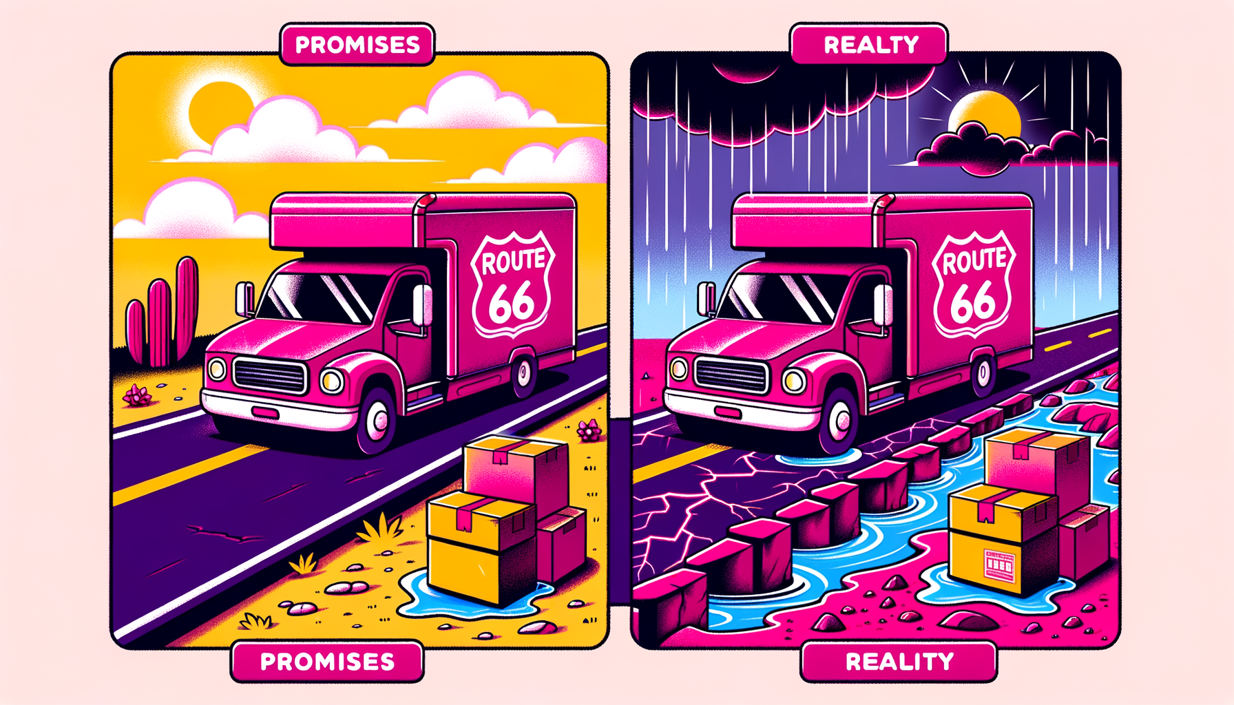 Cartoon depiction of a bright fuschia moving truck and boxes on Route 66, contrasting scenes of cheerful expectations and challenging realities, symbolizing the theme of 'Promises vs. Reality' in relocation.