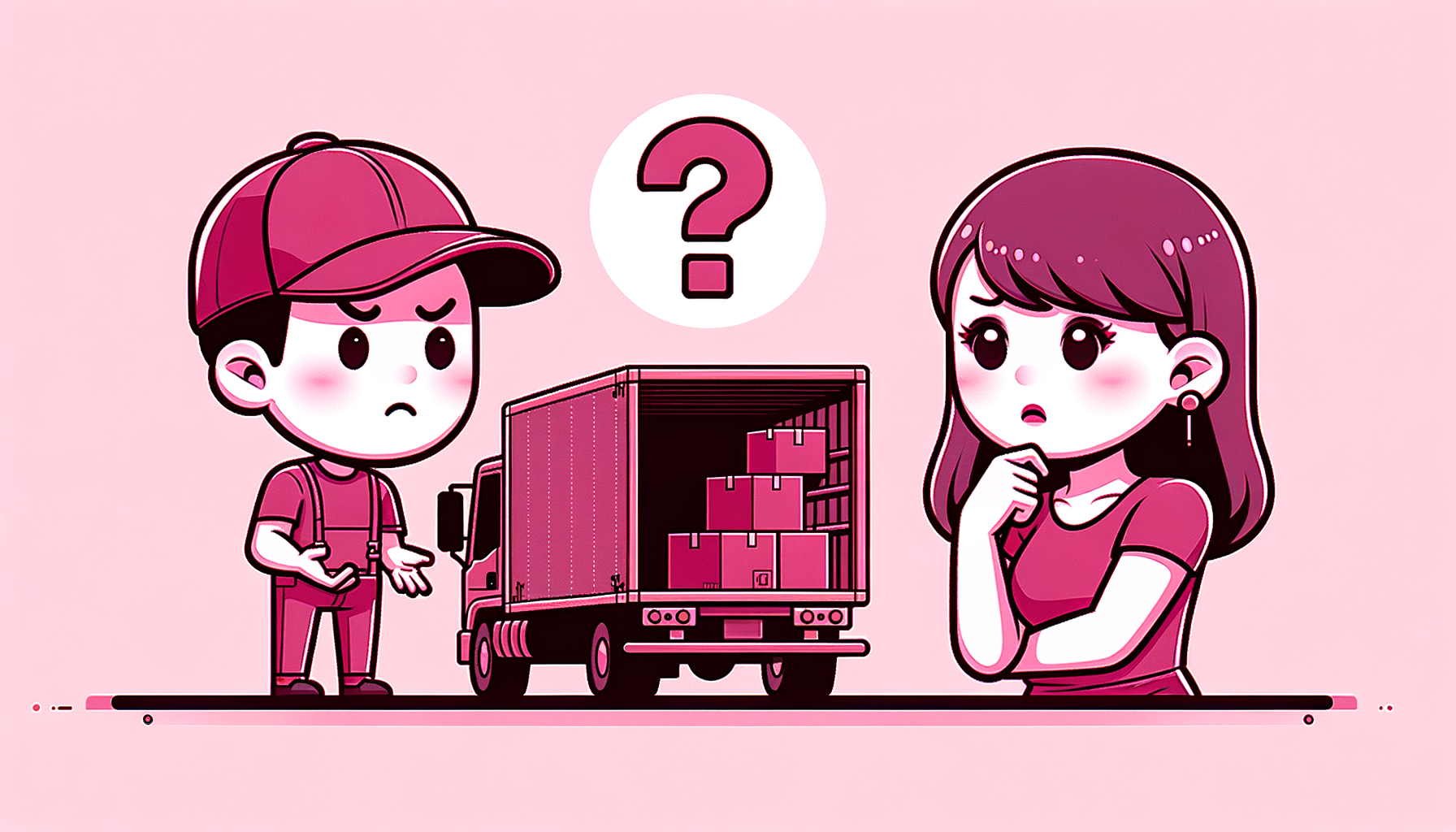 Cartoon illustration in fuschia tones highlighting the risks of using American Moving Partners, featuring a perplexed character looking at a cluttered moving truck.