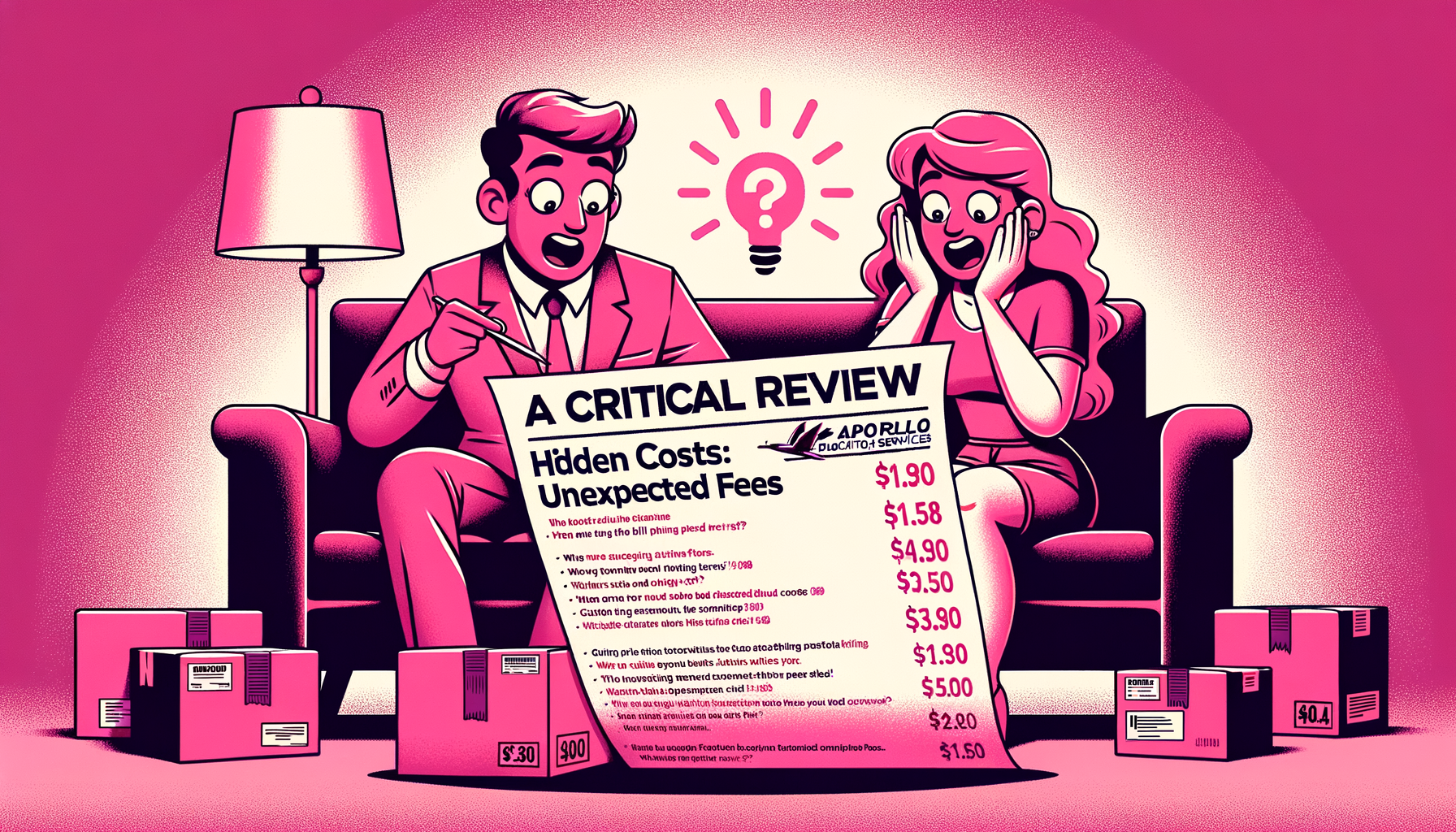 Cartoon illustration in fuschia tones depicting shocked customers reviewing a bill with unexpected fees from Apollo Relocation Services, highlighting hidden costs in a playful manner.