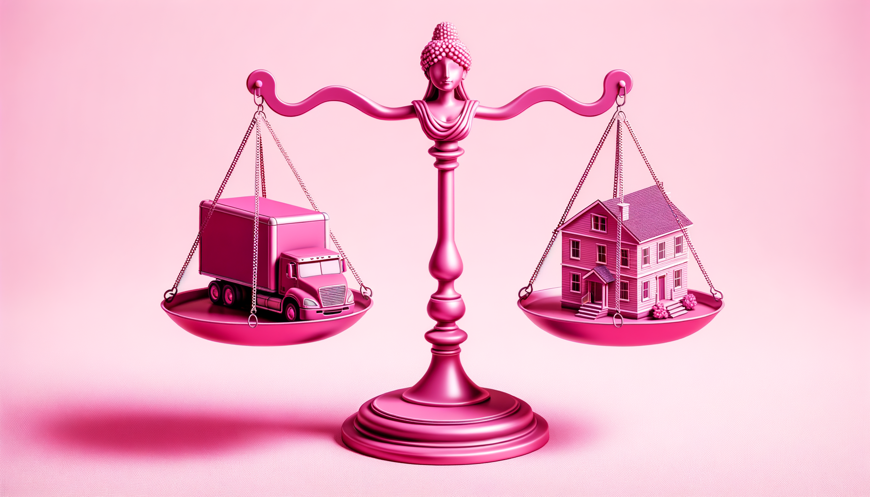 Cartoon illustration depicting fuschia-colored scales of justice balancing a house and a moving truck on either side, symbolizing the legal and regulatory issues with moving brokers.