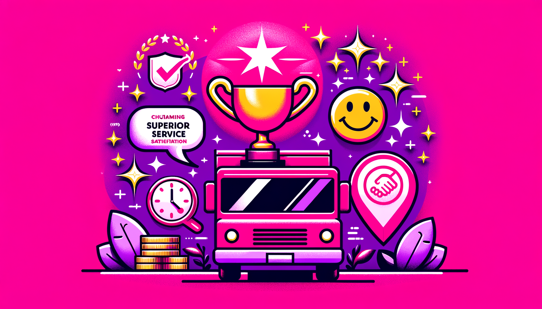 Cartoon-like image highlighting the key features and benefits of AmeriFreight in a fuchsia color palette with symbols representing their superior service, customer satisfaction, and competitive advantage.