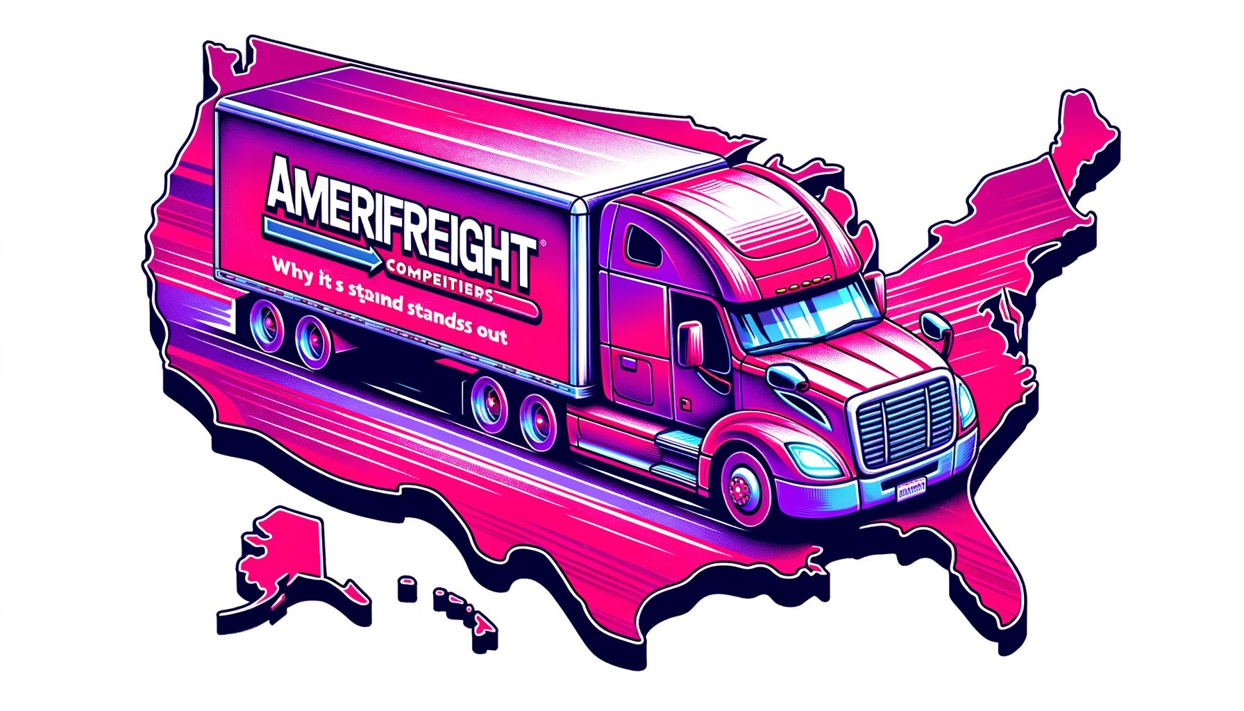 Cartoon-like fuschia colored showing AmeriFreight moving truck with a car inside of it moving across the country on a map.