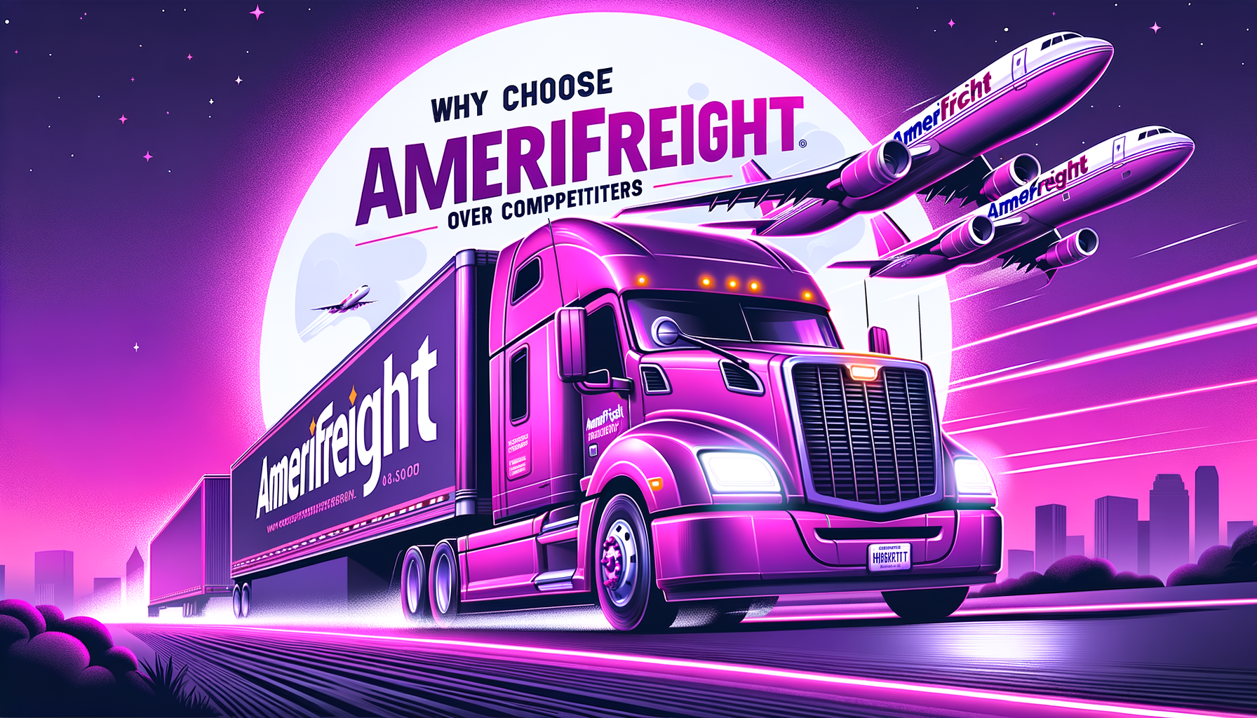 A fuschia-colored cartoon depicting a smiling truck with AmeriFreight branding, showcasing speed and strength, standing out against competitors in a fun, engaging way.