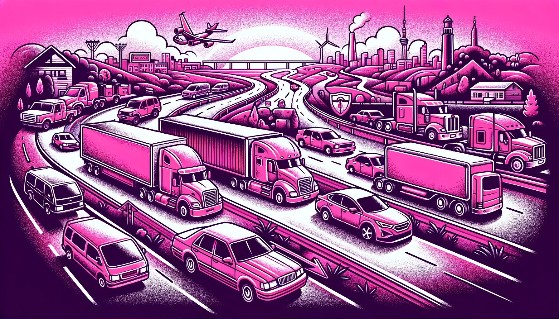 Cartoon illustration in fuchsia highlighting Montway Auto Transport services, featuring trucks, cars, and moving journey landmarks.