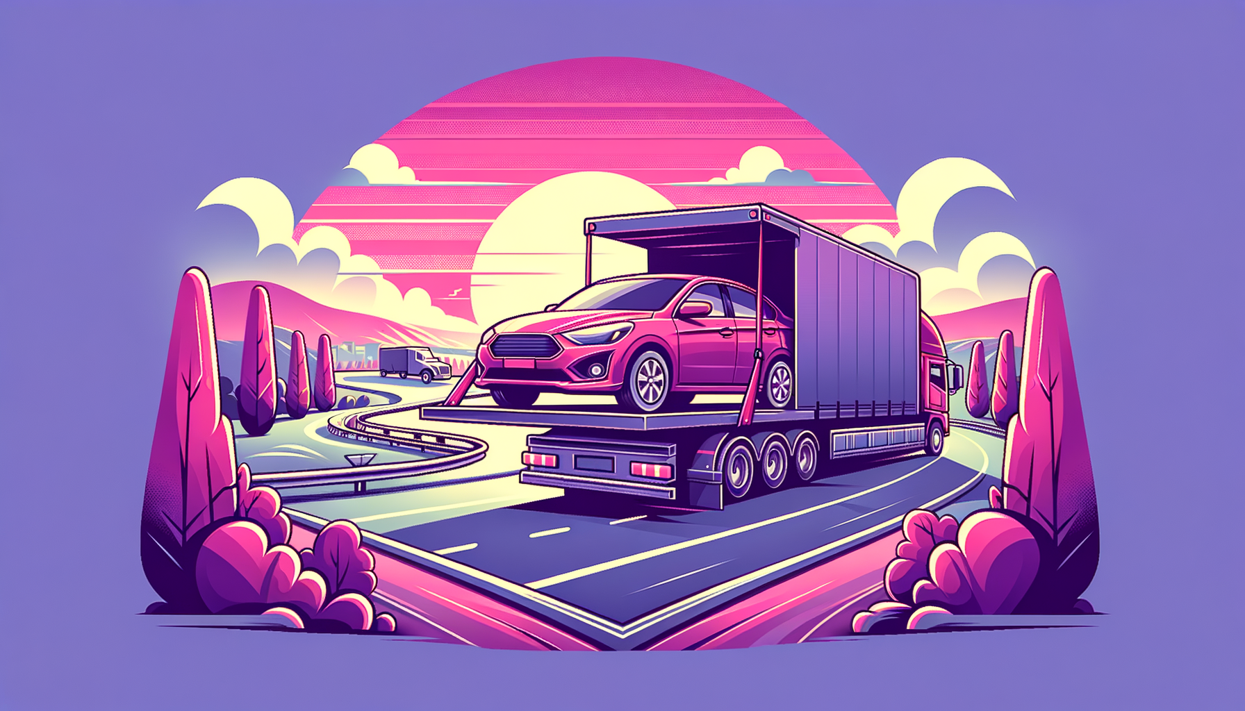 Cartoon illustration in fuschia of a car being loaded onto Montway Auto Transport truck, showcasing the beginning of a journey, with a welcoming open road ahead.