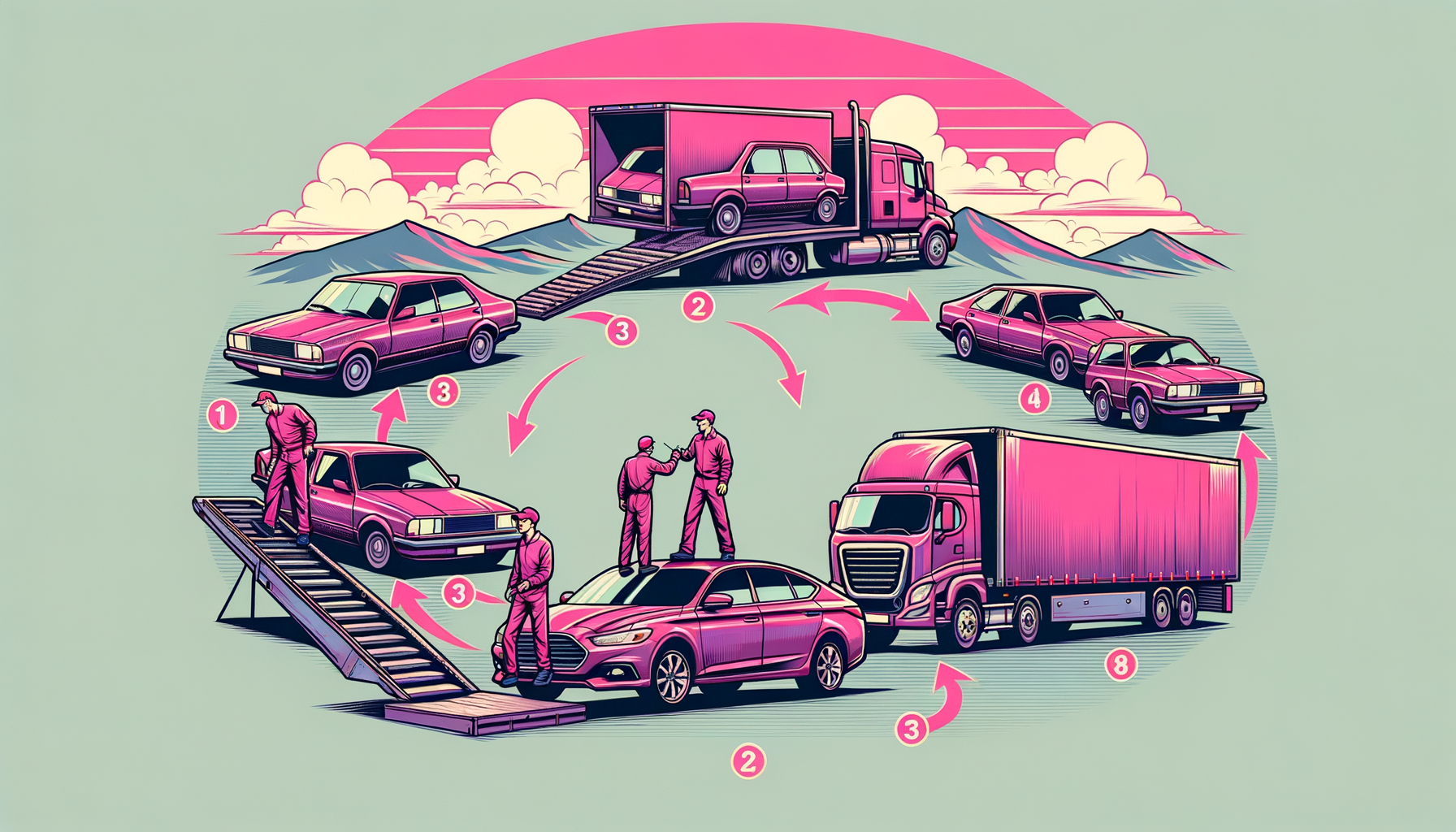 Cartoon depiction of step-by-step process for using Montway Auto Transport services, featuring fuschia color theme.