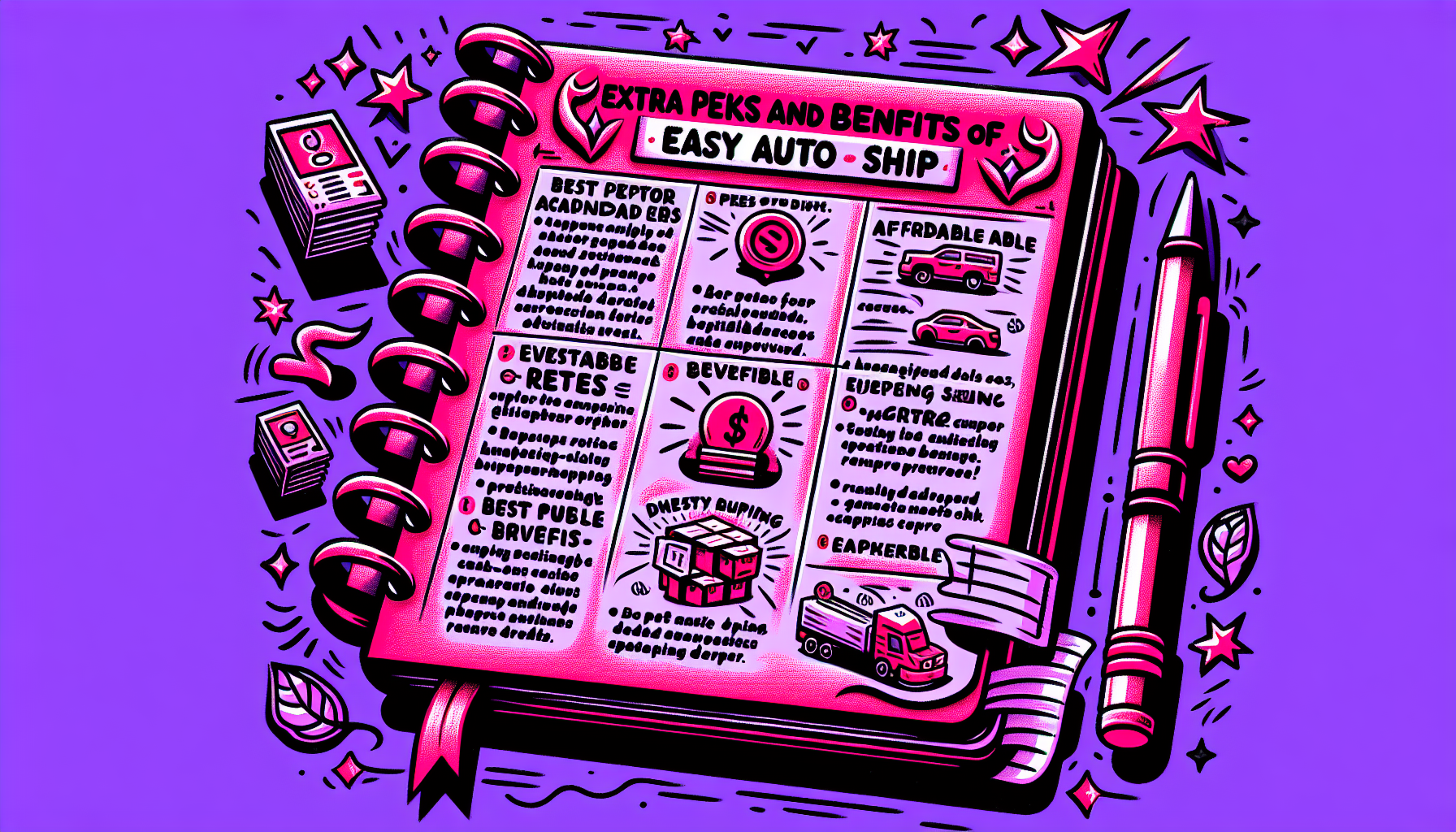 Cartoon-like fuschia colored image featuring Extra Perks and Benefits title with icons of a car, calendar, and dollar sign representing Easy Auto Ship services.