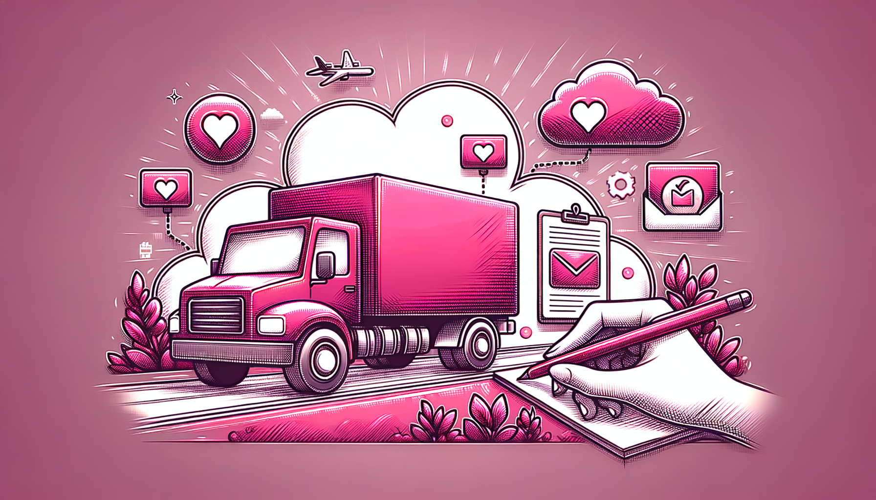 Cartoon-like image in fuschia capturing the step-by-step shipping process with AmeriFreight, including a lively depiction of AmeriFreight's truck, packages, and happy customer assurance symbols.